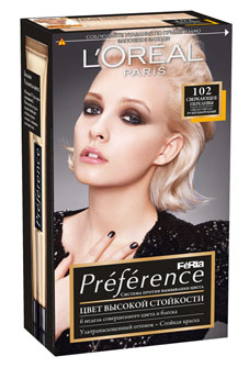 LOreal Paris Краска для волос Preference Feria, с бальзамом -усилителем цвета, оттенок 102, Сверкающие переливы, 270 млA6214527 LOreal Paris Краска для волос Preference Feria, с бальзамом -усилителем цвета, оттенок 102, Сверкающие переливы, 270 млA6214527Легендарная краска Preference Feria от LOreal Paris - премиальное качество окрашивания и ультранасыщенный оттенок! В ее разработке приняли участие эксперты из лабораторий LOreal Paris и профессиональный колорист Кристоф Робин. Цвет яркий, переливающийся и в то же время естественный. Уникальная технология против вымывания цвета и комплекс ЭКСТРАБЛЕСК подарят насыщенный цвет и великолепный блеск в течение 8 недель.