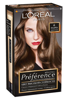 LOreal Paris Краска для волос Preference, с бальзамом -усилителем цвета, оттенок 6, Мадрид, 270 млA6212727 LOreal Paris Краска для волос Preference, с бальзамом -усилителем цвета, оттенок 6, Мадрид, 270 млA6212727Стойкая краска LOreal Paris Preference удерживается дольше в структуре волос в течении 8 недель, обеспечивая стойкость цвета, полное закрашивание седины и великолепный блеск. В ее разработке приняли участие эксперты из лабораторий LOreal Paris и профессиональный колорист Кристоф Робин. Упаковка содержит: гель-краску 60 мл, проявляющий крем 60 мл, бальзам усилитель цвета, обогащенный UV-фильтром и витамином Е 54 мл, одну пару перчаток. Товар сертифицирован.