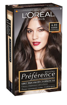 LOreal Paris Стойкая краска для волос Preference, оттенок 4.01, ПарижA8454501 LOreal Paris Стойкая краска для волос Preference, оттенок 4.01, ПарижA8454501Краска для волос Лореаль Париж Преферанс - премиальное качество окрашивания! Она создана ведущими экспертами лабораторий Лореаль Париж в сотрудничестве с профессиональным колористом Кристофом Робином. В результате исследований был разработан уникальный состав краски, основанный на более объемных красящих пигментах. Стойкая краска способна дольше удерживаться в структуре волос, создавая неповторимый яркий цвет, устойчивый к вымыванию и возникновению тусклости. Комплекс Экстраблеск добавит блеска насыщенному цвету волос. Красивые шелковые волосы с насыщенным цветом на протяжении 8 недель после окрашивания! В состав упаковки входит: флакон гель-краски (60 мл), флакон-аппликатор с проявляющим кремом (60 мл), бальзам Усилитель цвета (54 мл), инструкция, пара перчаток.