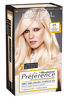 LOreal Paris Краска для волос Preference, с бальзамом -усилителем цвета, оттенок 05, Светло-светло-русый бежевый, 251 млA6720201 LOreal Paris Краска для волос Preference, с бальзамом -усилителем цвета, оттенок 05, Светло-светло-русый бежевый, 251 млA6720201Легендарная краска Preference от LOreal Paris - премиальное качество окрашивания! В ее разработке приняли участие эксперты из лабораторий LOreal Paris и профессиональный колорист Кристоф Робин. Более объемные красящие вещества Preference дольше удерживаются в структуре волоса, обеспечивая совершенный стойкий цвет. Уникальная технология против вымывания цвета и комплекс ЭКСТРАБЛЕСК подарят насыщенный цвет и великолепный блеск в течение 8 недель.