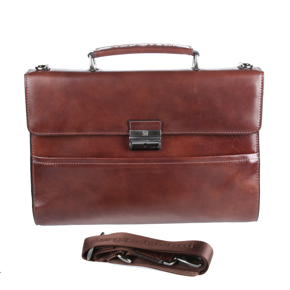Портфель мужской Sergio Belotti, цвет: коричневый. 95689568 milano brown Портфель мужской Sergio Belotti, цвет: коричневый. 95689568 milano brownМужской портфель Sergio Belotti выполнен из высококачественной кожи коричневого цвета, дубленой с использованием экстрактов растительного происхождения. Портфель имеет одно основное отделение, которое закрывается при помощи клапана на защелку. Внутри - дополнительное отделение на молнии, вшитый карман на молнии, 5 накладных кармашков и два фиксатора для пишущих принадлежностей. На клапане и под ним располагаются два потайных кармана. С лицевой и тыльной стороны портфеля имеется два дополнительных отделения на молнии. Портфель оснащен удобной ручкой и плечевым ремнем регулируемой длины. Фурнитура - серебристого цвета. Функциональность, вместительность, качество исполнения и непревзойденный стиль портфеля Sergio Belotti, несомненно, понравится любому мужчине.