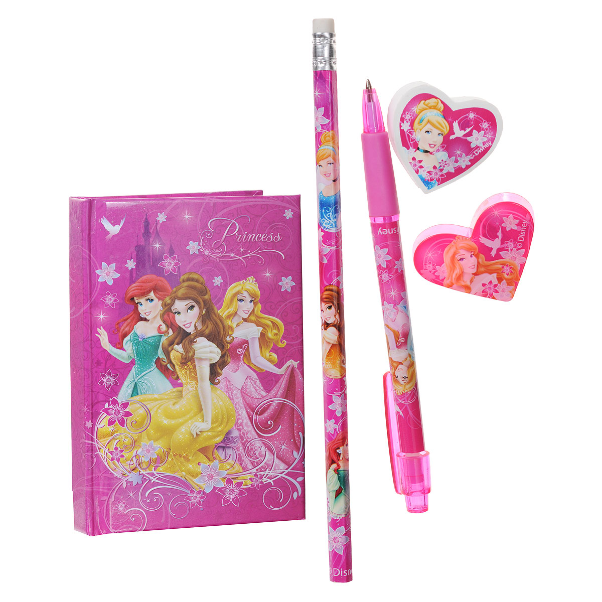 Disney Princess Канцелярский набор цвет фуксия 5 предметовPRAB-US1-360 Disney Princess Канцелярский набор цвет фуксия 5 предметовPRAB-US1-360Канцелярский набор Disney Princess станет незаменимым атрибутом в учебе любой школьницы. Он включает в себя незаточенный чернографитный карандаш с ластиком на конце, ластик и точилку в форме сердечка, автоматическую ручку и записную книжку. Ручка снабжена прорезиненной вставкой в области захвата, подача стержня производится путем нажатия на кнопку в верхней части ручки. Обложка записной книжки выполнена из плотного картона, внутренний блок содержит листы с печатью. Все предметы набора оформлены изображениями принцесс из диснеевских мультфильмов. Не рекомендуется детям до 3-х лет