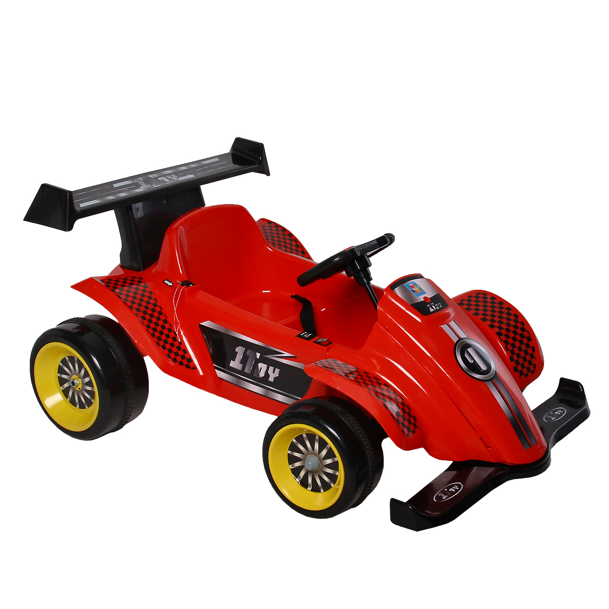 Детский электромобиль 1toy Гонка, цвет: красный, черный1-58/Т54578 Детский электромобиль 1toy Гонка, цвет: красный, черный1-58/Т54578Детский электромобиль 1toy Гонка станет любимым средством передвижения вашего ребенка. Управляемый автомобиль - это самая желанная игрушка как для мальчиков, так и для девочек. Машинка имеет максимально реалистичный вид, выполнена в ярких, привлекательных цветах, что делает ее еще более интересной. Электромобиль выполнен в виде гоночного болида, снабжен рулем и удобным сиденьем. Переключатель управления движения (вперед, назад) расположен на корпусе автомобиля. Кнопка подачи звуковых сигналов расположена на руле. Акселератор и тормоз совмещены в одном переключателе. Большие широкие колеса обеспечивают хорошую устойчивость и проходимость. С таким автомобилем прогулки вашего малыша станут веселее и увлекательнее. Порадуйте его таким замечательным подарком! Электромобиль работает от встроенного аккумулятора. Для руля необходимо докупить 2 батарейки напряжением 1,5V типа АА (не входят в комплект). Во избежание проблем с эксплуатацией, модель...