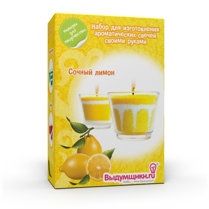 Набор для изготовления ароматических свечей Сочный лимон. 27007700195992700770019599 Набор для изготовления ароматических свечей Сочный лимон. 27007700195992700770019599Набор для изготовления свечей Сочный лимон поможет вам самостоятельно создать свечу с оригинальным приятным ароматом. С помощью него вы сможете изготовить интересную свечу, которая послужит прекрасным подарком или наполнит чудесным ароматом ванную комнату. В набор входит: - стеклянный подсвечник - 2 шт, - свечной порошок - 2 цвета, - ароматизатор (лимон) - 10 мл, - вощеный фитиль - 2 шт, - ложечка для дозировки свечного порошка, - палочка для рисования узоров, - подробная инструкция на русском языке.