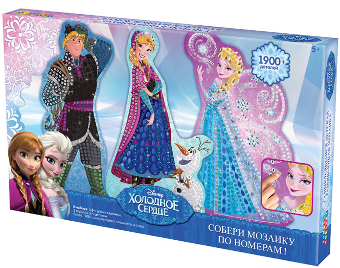 Мозаика по номерам Disney: Холодное сердце, 3 в 100428 Мозаика по номерам Disney: Холодное сердце, 3 в 100428Мозаика по номерам Disney: Холодное сердце позволит вам и вашему ребенку без особого труда создать 3 великолепные сверкающие картины с изображениями героев мультфильма Холодное сердце. В набор входят 3 картонные основы с изображениями Кристоффа, Анны и Эльзы, 3 подвеса, 3 подставки и более 1900 самоклеящихся украшений. Мозаика Disney: Холодное сердце позволит прикоснуться к волшебству Эльзы - украсьте фигурные картинки блестящими элементами, и принцессы-сестры порадуют вас своим волшебством! Умная мозаика с самоклеящимися элементами отличается высоким качеством исполнения и красочным цветовым дизайном. На картонную основу уже нанесен рисунок. Процесс создания мозаики несложен и под силу даже ребенку - сначала нужно выбрать элементы мозаики по номеру и цвету, затем отделить их от общего блока и наклеить на подходящее по номеру и цвету место на рисунке. Данный набор прекрасно развивает моторику рук и пространственное мышление, а также воображение и...
