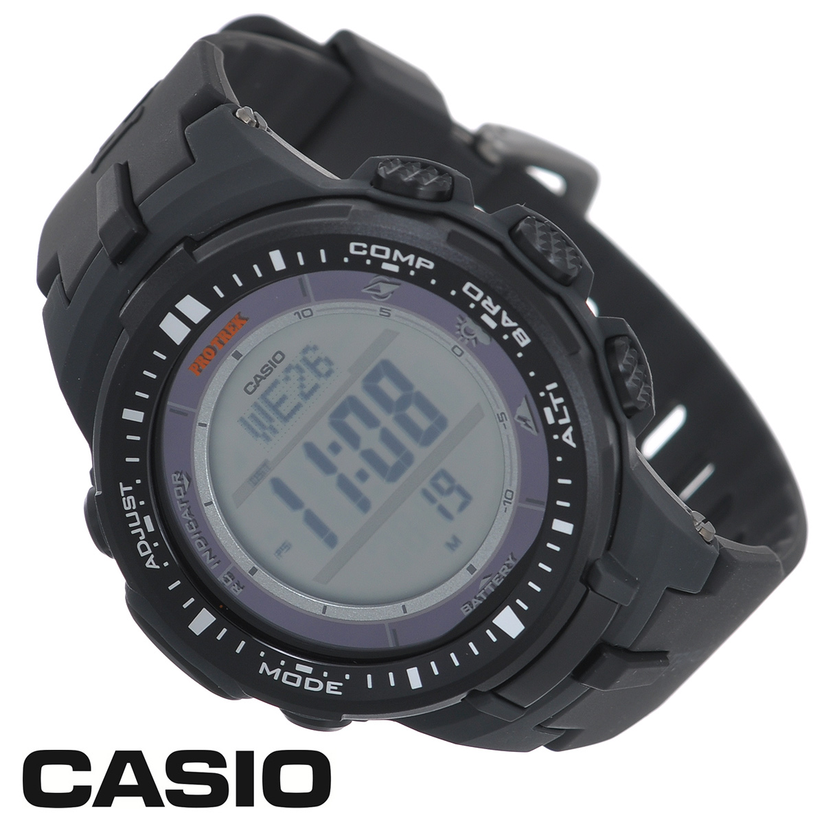 Часы мужские наручные Casio Protrek, цвет: черный, серый. PRW-3000-1EPRW-3000-1E Часы мужские наручные Casio Protrek, цвет: черный, серый. PRW-3000-1EPRW-3000-1EСтильные кварцевые часы Protrek от японского брэнда Casio - это яркий функциональный аксессуар для современных людей, которые стремятся выделиться из толпы и подчеркнуть свою индивидуальность. Часы выполнены в спортивном стиле. Корпус выполнен из пластика и металлических элементов. Циферблат подсвечивается светодиодом, при недостаточном освещении во время поворота запястья в сторону лица подсветка включается автоматически. Ремешок из пластика имеет классическую застежку. Основные функции: - 5 будильников, один с функцией Snooze, ежечасный сигнал; - автоматический календарь (число, день недели, месяц, год); - секундомер с точностью показаний 1/10 с и временем измерения 1000 ч; - мировое время; - таймер обратного отсчета от 1 мин до 24 ч; - 12-ти и 24-х часовой формат времени; - встроенный цифровой компас; - функция автоматического сохранения энергии; - высотомер -...