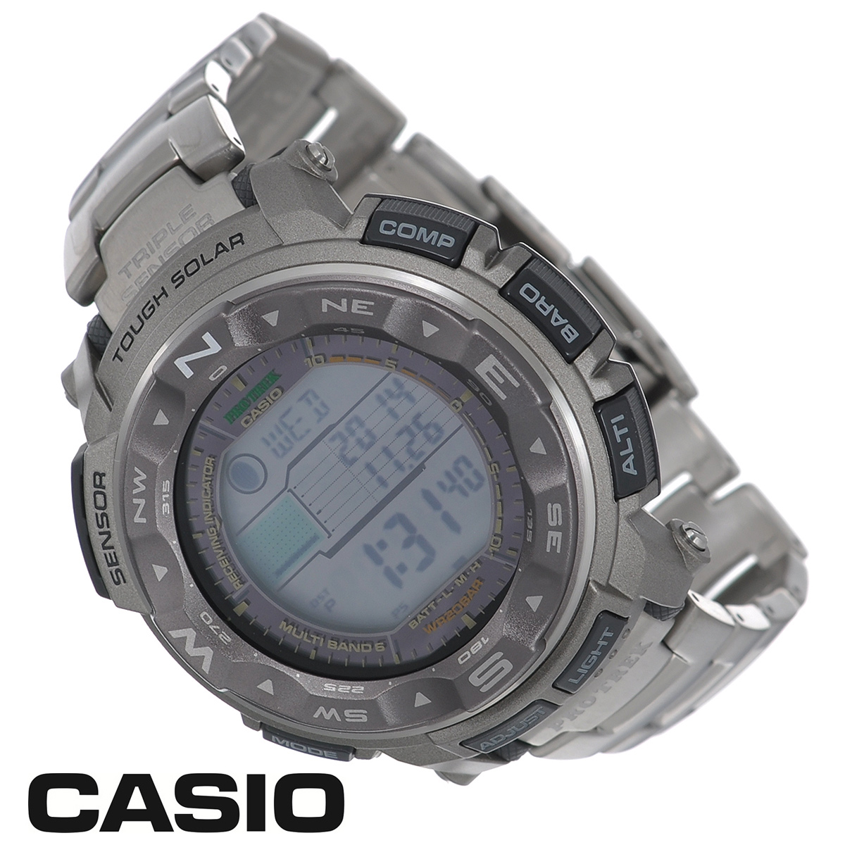 Часы мужские наручные Casio Protrek, цвет: титановый. PRW-2500T-7EPRW-2500T-7E Часы мужские наручные Casio Protrek, цвет: титановый. PRW-2500T-7EPRW-2500T-7EСтильные кварцевые часы Protrek от японского брэнда Casio - это яркий функциональный аксессуар для современных людей, которые стремятся выделиться из толпы и подчеркнуть свою индивидуальность. Часы выполнены в спортивном стиле. Корпус выполнен из пластика и металлических элементов. ЖК-циферблат с вращающимся алюминиевым безелем. Электролюминесцентная подсветка освещает весь циферблат. Подсветка активируется при недостаточном свете и выключается, когда освещения достаточно. Браслет из титанового сплава имеет раскладывающуюся застежку, открываемую одним касанием. Основные функции: - 5 будильников, ежечасный сигнал; - автоматический календарь (число, день недели, месяц, год); - секундомер с точностью показаний 1/100 с и временем измерения 24 ч; - мировое время; - таймер обратного отсчета от 1 мин до 1 ч; - 12-ти и 24-х часовой формат времени; - встроенный цифровой компас; - ...