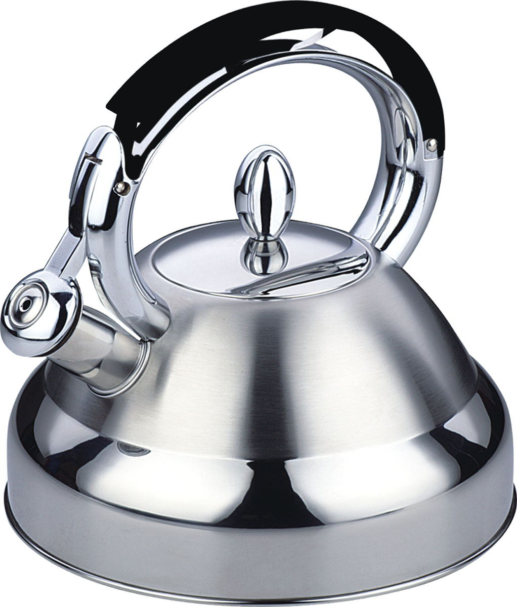 Чайник Bekker De Luxe со свистком, 2,7 л. BK-S426BK-S426 Чайник Bekker De Luxe со свистком, 2,7 л. BK-S426BK-S426Чайник Bekker De Luxe изготовлен из высококачественной нержавеющей стали 18/10. Поверхность матовая с зеркальной полосой по нижнему краю. Капсулированное дно распределяет тепло по всей поверхности, что позволяет чайнику быстро закипать. Эргономичная фиксированная рукоятка выполнена из нержавеющей стали и бакелита с прорезиненным покрытием. Носик оснащен откидным свистком, который подскажет, когда вода закипела. Свисток открывается и закрывается нажатием на рукоятку. Оригинальный дизайн эффектно оформит интерьер кухни. Подходит для всех типов плит, включая индукционные. Можно мыть в посудомоечной машине.