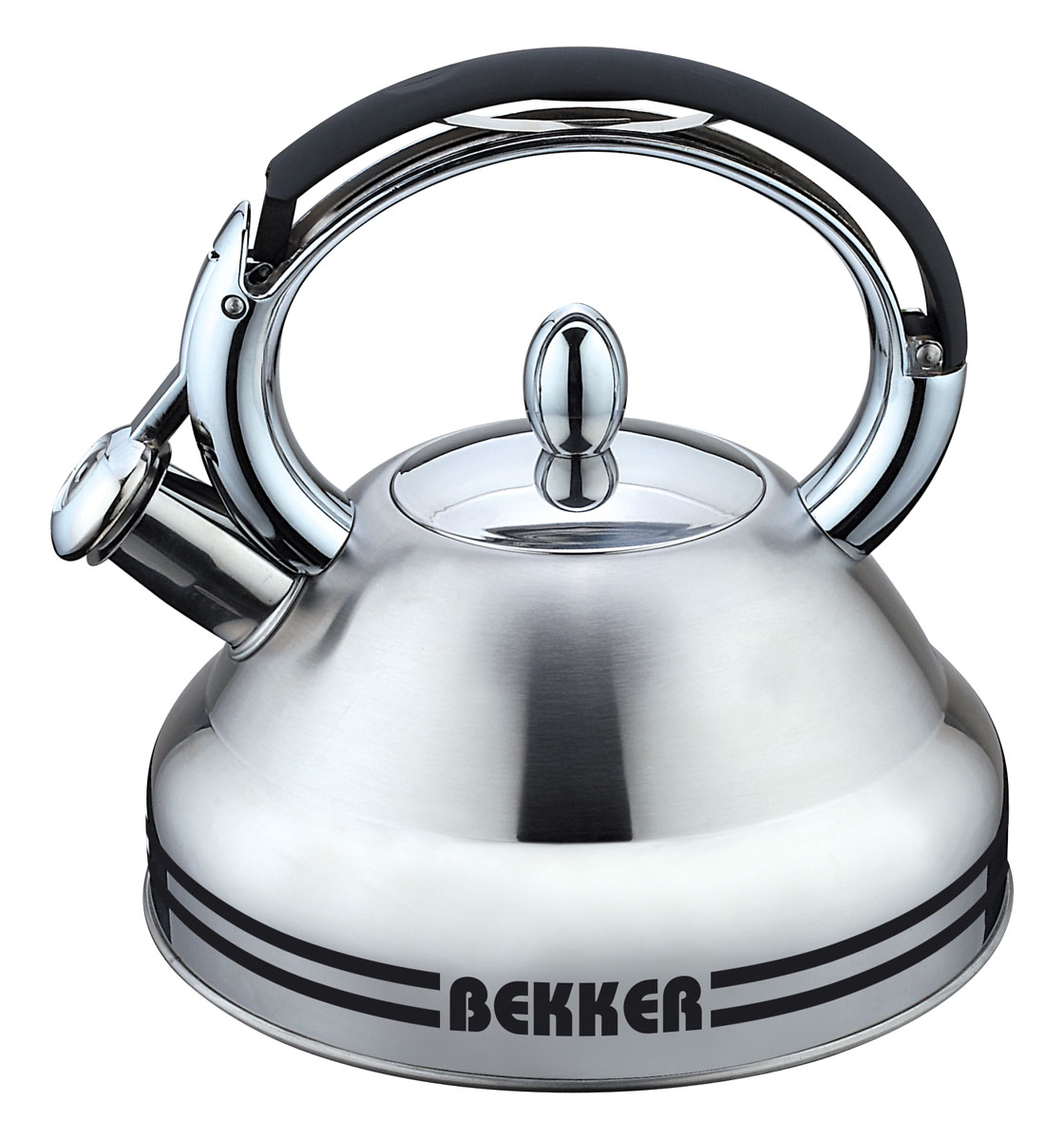 Чайник Bekker De Luxe со свистком, 2,7 л. BK-S449BK-S449 Чайник Bekker De Luxe со свистком, 2,7 л. BK-S449BK-S449Чайник Bekker De Luxe изготовлен из высококачественной нержавеющей стали 18/10. Внешняя поверхность матовая с зеркальной полоской по нижнему краю, которая оснащена индикатором уровня нагрева. Капсулированное дно распределяет тепло по всей поверхности, что позволяет чайнику быстро закипать. Эргономичная фиксированная ручка выполнена из нержавеющей стали с силиконовым покрытием черного цвета. Носик оснащен откидным свистком, который подскажет, когда закипела вода. Свисток открывается нажатием на рукоятку. Подходит для всех типов плит, кроме индукционных. Можно мыть в посудомоечной машине.