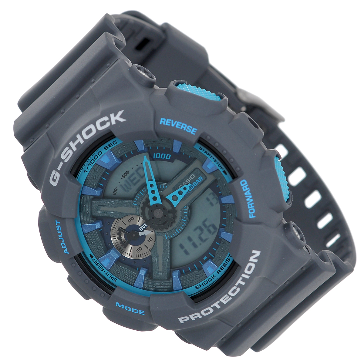 Часы мужские наручные Casio G-Shock, цвет: серый, голубой. GA-110TS-8A2GA-110TS-8A2 Часы мужские наручные Casio G-Shock, цвет: серый, голубой. GA-110TS-8A2GA-110TS-8A2Стильные часы G-Shock от японского брэнда Casio - это яркий функциональный аксессуар для современных людей, которые стремятся выделиться из толпы и подчеркнуть свою индивидуальность. Часы выполнены в спортивном стиле. Корпус имеет ударопрочную конструкцию, защищающую механизм от ударов и вибрации. Циферблат подсвечивается светодиодом, функция автоподсветки освещает циферблат при повороте часов к лицу. Ремешок из мягкого пластика имеет классическую застежку. Основные функции: - 5 будильников, один с функцией повтора сигнала (чтобы отложить пробуждение), ежечасный сигнал; - автоматический календарь (число, месяц, день недели, год); - секундомер с точностью показаний 1/1000 с, время измерения 100 часов; - 12-ти и 24-х часовой формат времени; - таймер обратного отсчета от 1 мин до 24 ч с автоповтором; - измерение скорости и расстояния; - мировое время; - сплит-хронограф; ...