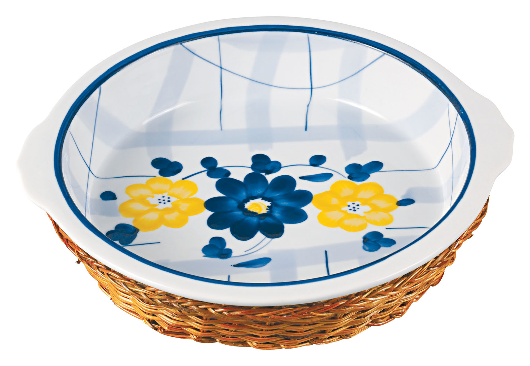 Блюдо Bekker Dish с корзиной, круглое, цвет: синий, белый, 450 мл - BekkerBK-7330 (36) Блюдо Bekker Dish с корзиной, круглое, цвет: синий, белый, 450 мл - BekkerBK-7330 (36)Круглое блюдо Bekker Dish изготовлено из высококачественной жаропрочной керамики и декорировано изображением цветов. В комплект входит плетеная корзина-подставка, изготовленная из ротанга. Изделия из керамики идеально подходят как для приготовления пищи, так и для подачи на стол. Материал не содержит свинца и кадмия. С такой формой вы всегда сможете порадовать своих близких оригинальным блюдом. Блюдо можно использовать в духовке и микроволновой печи. Можно мыть в посудомоечной машине.