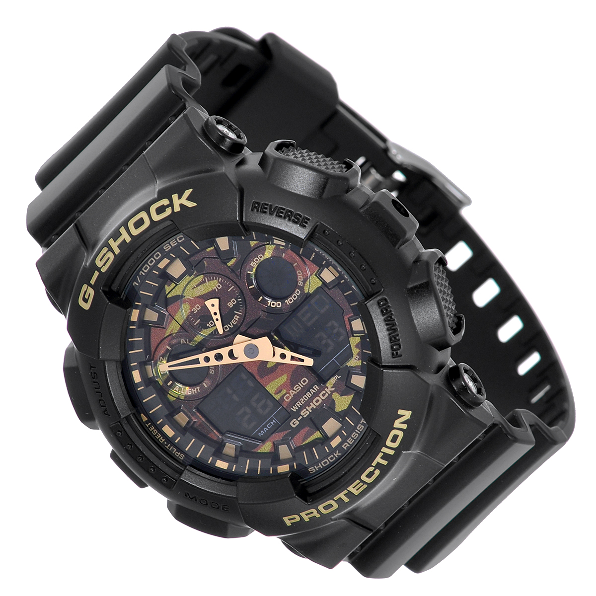Часы мужские наручные Casio G-Shock, цвет: черный, хаки. GA-100CF-1A9GA-100CF-1A9 Часы мужские наручные Casio G-Shock, цвет: черный, хаки. GA-100CF-1A9GA-100CF-1A9Стильные кварцевые часы G-Shock от японского брэнда Casio - это яркий функциональный аксессуар для современных людей, которые стремятся выделиться из толпы и подчеркнуть свою индивидуальность. Часы выполнены в спортивном стиле. Корпус имеет ударопрочную конструкцию, защищающую механизм от ударов и вибрации. Циферблат с отметками и двумя стрелками подсвечивается светодиодом. Функция автоподсветки освещает циферблат при повороте часов к лицу. Ремешок из пластика имеет классическую застежку. Основные функции: - 5 будильников, один из которых с функцией Snooze, ежечасный сигнал; - автоматический календарь (число, месяц, день недели, год); - секундомер с точностью показаний 1/1000 с и временем измерения 100 ч; - 12-ти и 24-х часовой формат времени; - таймер обратного отсчета от 1 мин до 24 ч с автоповтором; - мировое время; - сплит-хронограф; - защита от магнитных полей; ...