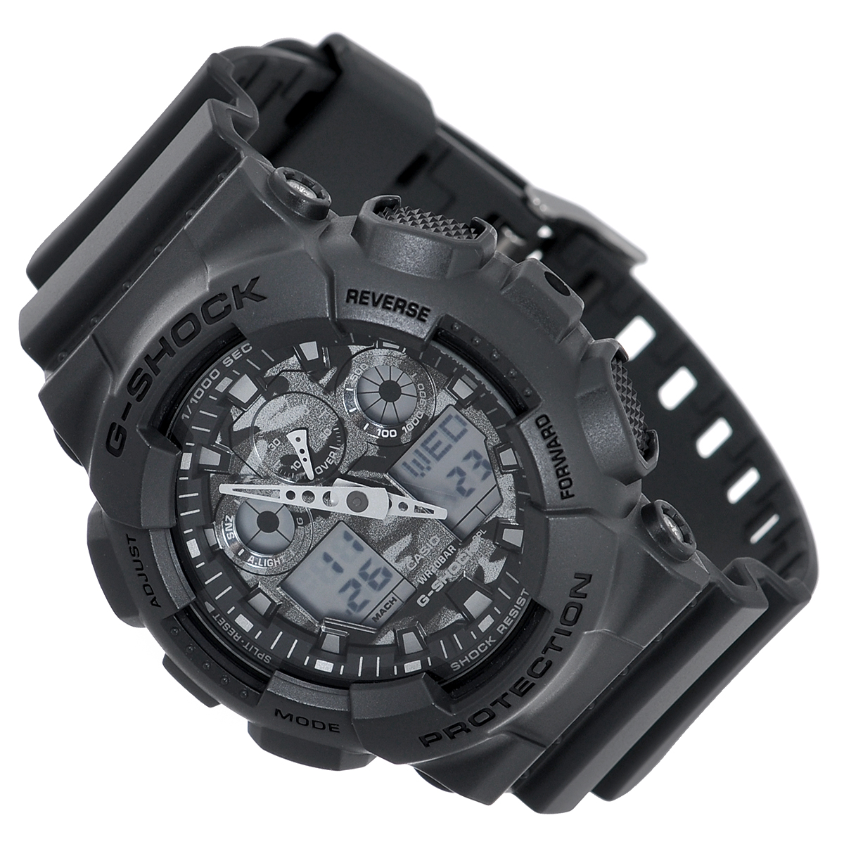 Часы мужские наручные Casio G-Shock, цвет: темно-серый. GA-100CF-8AGA-100CF-8A Часы мужские наручные Casio G-Shock, цвет: темно-серый. GA-100CF-8AGA-100CF-8AСтильные кварцевые часы G-Shock от японского брэнда Casio - это яркий функциональный аксессуар для современных людей, которые стремятся выделиться из толпы и подчеркнуть свою индивидуальность. Часы выполнены в спортивном стиле. Корпус имеет ударопрочную конструкцию, защищающую механизм от ударов и вибрации. Циферблат с отметками и двумя стрелками подсвечивается светодиодом. Функция автоподсветки освещает циферблат при повороте часов к лицу. Ремешок из пластика имеет классическую застежку. Основные функции: - 5 будильников, один из которых с функцией Snooze, ежечасный сигнал; - автоматический календарь (число, месяц, день недели, год); - секундомер с точностью показаний 1/1000 с и временем измерения 100 ч; - 12-ти и 24-х часовой формат времени; - таймер обратного отсчета от 1 мин до 24 ч с автоповтором; - мировое время; - сплит-хронограф; - защита от магнитных полей; ...