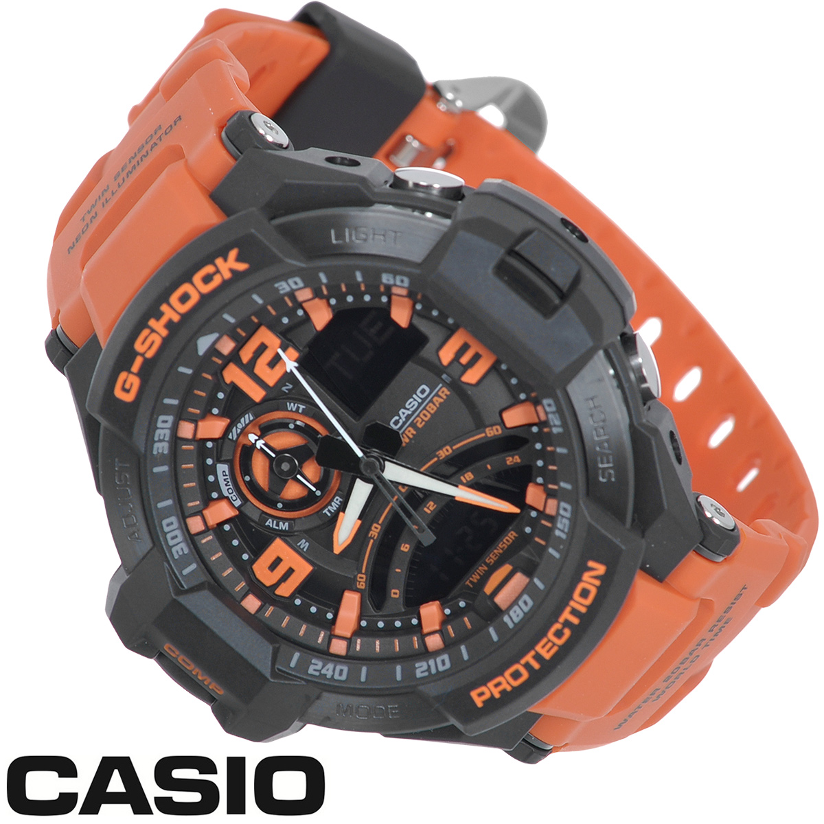 Часы мужские наручные Casio G-Shock, цвет: черный, оранжевый. GA-1000-4AGA-1000-4A Часы мужские наручные Casio G-Shock, цвет: черный, оранжевый. GA-1000-4AGA-1000-4AСтильные часы G-Shock от японского брэнда Casio - это яркий функциональный аксессуар для современных людей, которые стремятся выделиться из толпы и подчеркнуть свою индивидуальность. Часы выполнены в спортивном стиле. Корпус имеет ударопрочную конструкцию, защищающую механизм от ударов и вибрации. Циферблат со стальным безелем подсвечивается светодиодной автоподсветкой с флюорисцентным напылением на стрелках и дисплее. При повороте часов в сторону лица подсветка дисплея осуществляется автоматически. Светонакопительное покрытие Neobrite продолжает светиться в темноте даже после непродолжительного пребывания на свету. Ремешок из мягкого пластика имеет классическую застежку. Основные функции: - 5 будильников, один с функцией повтора сигнала (чтобы отложить пробуждение), ежечасный сигнал; - автоматический календарь (число, месяц, день недели, год); - встроенный цифровой компас; - термометр от -10° до +60°С с точностью 0,1°C; ...