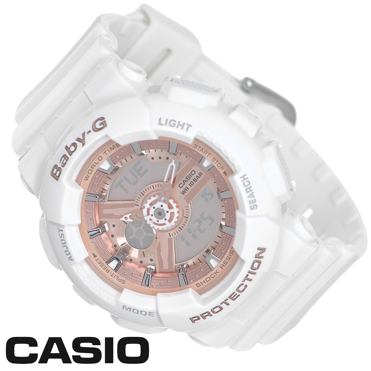 Часы женские наручные Casio Baby-G, цвет: белый, золотой. BA-110-7A1BA-110-7A1 Часы женские наручные Casio Baby-G, цвет: белый, золотой. BA-110-7A1BA-110-7A1Стильные многофункциональные часы Baby-G от японского брэнда Casio - это яркий функциональный аксессуар для современных людей, которые стремятся выделиться из толпы и подчеркнуть свою индивидуальность. Часы выполнены в спортивном стиле. Часы оснащены японским кварцевым механизмом, имеют ударопрочную конструкцию, защищающую механизм от ударов и вибрации. Циферблат оснащен двумя стрелками и подсвечивается светодиодом. Ремешок из мягкого пластика застегивается на классическую застежку. Основные функции: - 5 будильников, один с функцией повтора сигнала (чтобы отложить пробуждение), ежечасный сигнал; - сплит-хронограф; - автоматический календарь (число, месяц, день недели, год); - секундомер с точностью показаний 1/100 с, время измерения 24 ч; - 12-ти и 24-х часовой формат времени; - таймер обратного отсчета от 1 мин до 24 ч; - функция включения/отключения звука; - мировое время. Часы упакованы в фирменную...