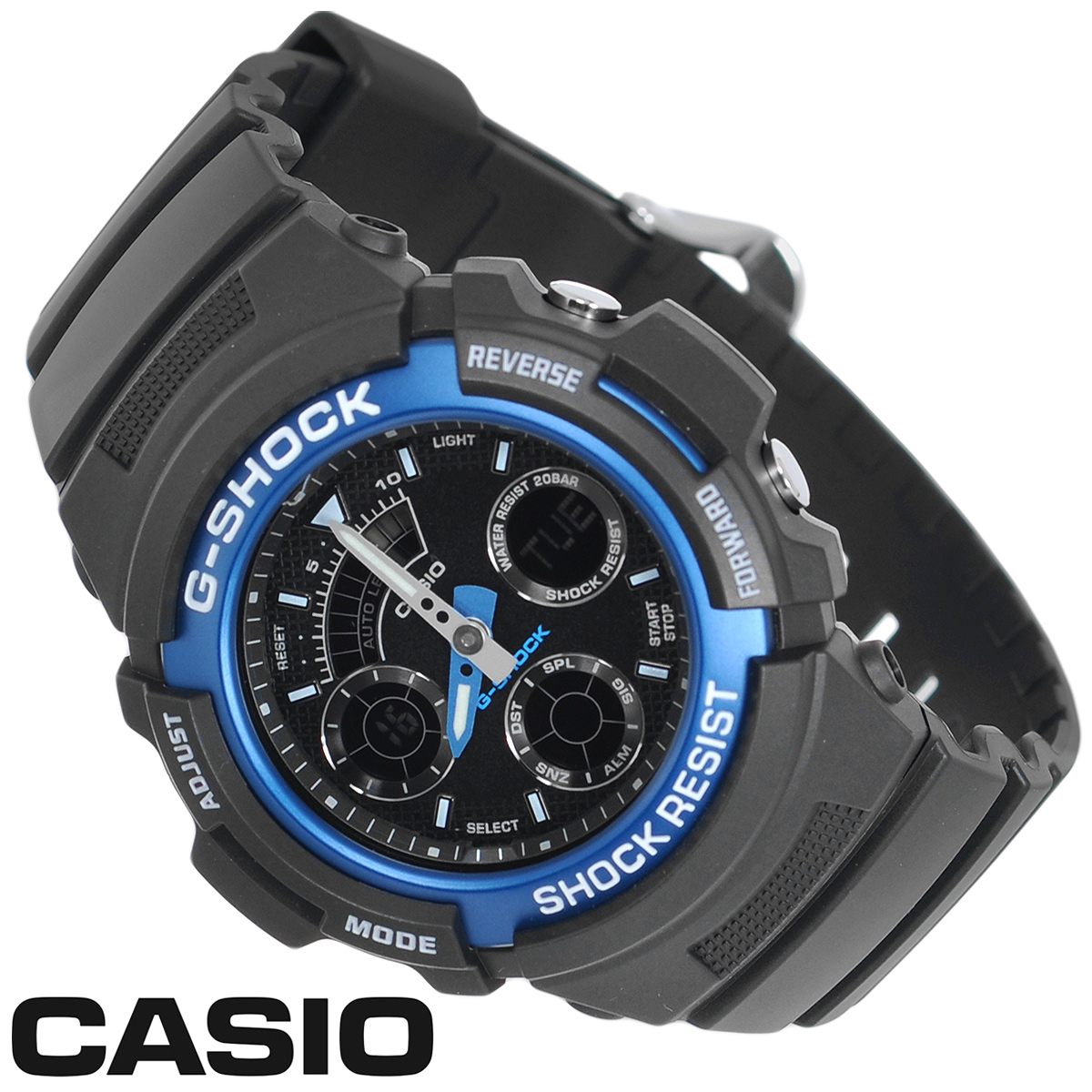 Часы мужские наручные Casio G-Shock, цвет: черный, синий. AW-591-2AAW-591-2A Часы мужские наручные Casio G-Shock, цвет: черный, синий. AW-591-2AAW-591-2AСтильные аналогово-цифровые кварцевые часы G-Shock от японского брэнда Casio - это яркий функциональный аксессуар для современных людей, которые стремятся выделиться из толпы и подчеркнуть свою индивидуальность. Часы выполнены в спортивном стиле. Корпус имеет ударопрочную конструкцию, защищающую механизм от ударов и вибрации. Циферблат с люминесцентными отметками и двумя стрелками оснащен светодиодной автоподсветкой. Ремешок из пластика имеет классическую застежку. Основные функции: - 5 будильников с функцией Snooze, ежечасный сигнал; - автоматический календарь (число, месяц, день недели, год); - секундомер с точностью показаний 1/100 с и временем измерения 1 ч; - мировое время; - таймер; - 12-ти и 24-х часовой формат времени. Часы упакованы в фирменную коробку с логотипом Casio. Такой аксессуар добавит вашему образу стиля и подчеркнет безупречный вкус своего владельца. ...
