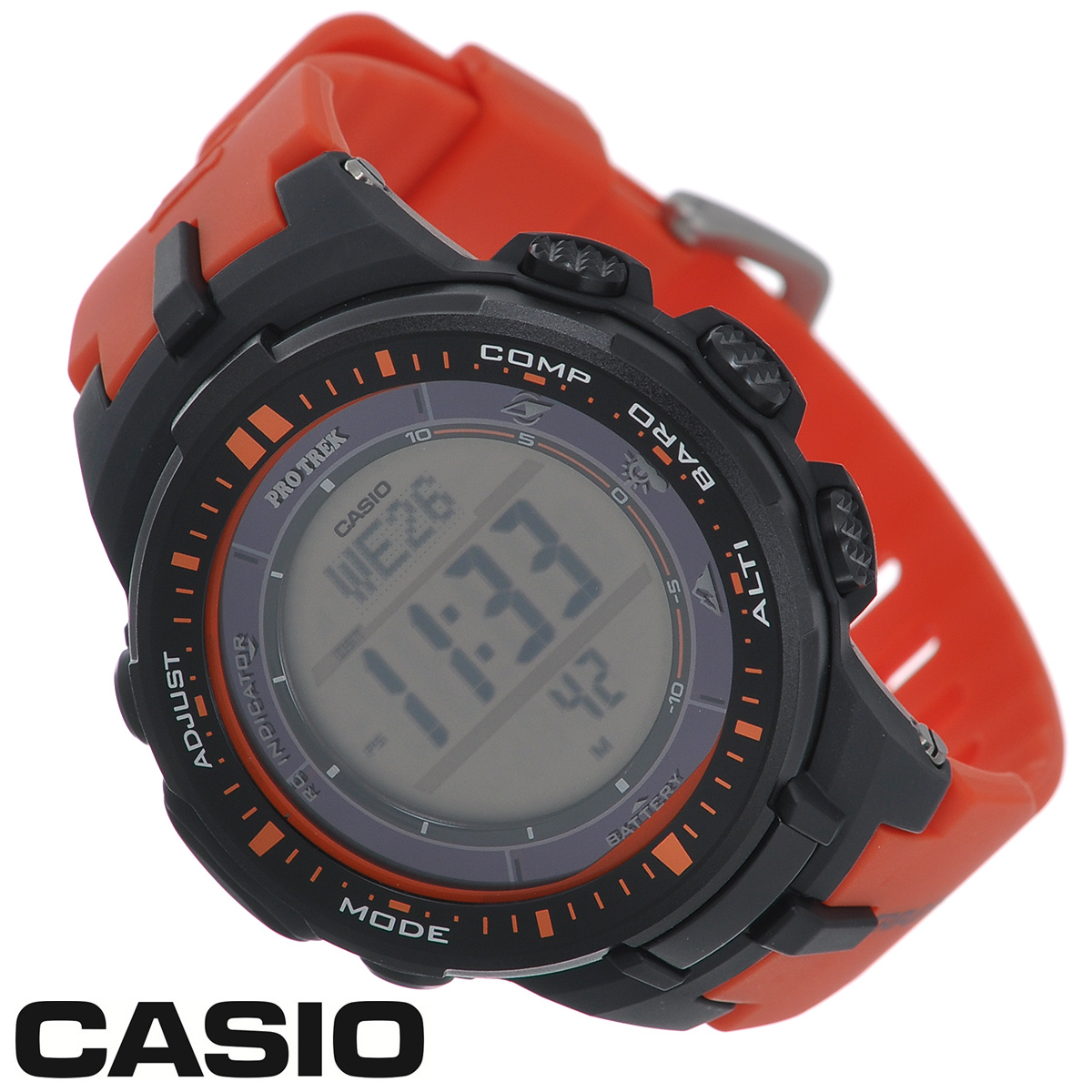 Часы мужские наручные Casio Protrek, цвет: оранжевый, темно-серый. PRW-3000-4EPRW-3000-4E Часы мужские наручные Casio Protrek, цвет: оранжевый, темно-серый. PRW-3000-4EPRW-3000-4EСтильные кварцевые часы Protrek от японского брэнда Casio - это яркий функциональный аксессуар для современных людей, которые стремятся выделиться из толпы и подчеркнуть свою индивидуальность. Часы выполнены в спортивном стиле. Корпус выполнен из пластика и металлических элементов. Циферблат подсвечивается светодиодом, при недостаточном освещении во время поворота запястья в сторону лица подсветка включается автоматически. Ремешок из пластика имеет классическую застежку. Основные функции: - 5 будильников, один с функцией Snooze, ежечасный сигнал; - автоматический календарь (число, день недели, месяц, год); - секундомер с точностью показаний 1/10 с и временем измерения 1000 ч; - мировое время; - таймер обратного отсчета от 1 мин до 24 ч; - 12-ти и 24-х часовой формат времени; - встроенный цифровой компас; - функция автоматического сохранения энергии; - высотомер -...