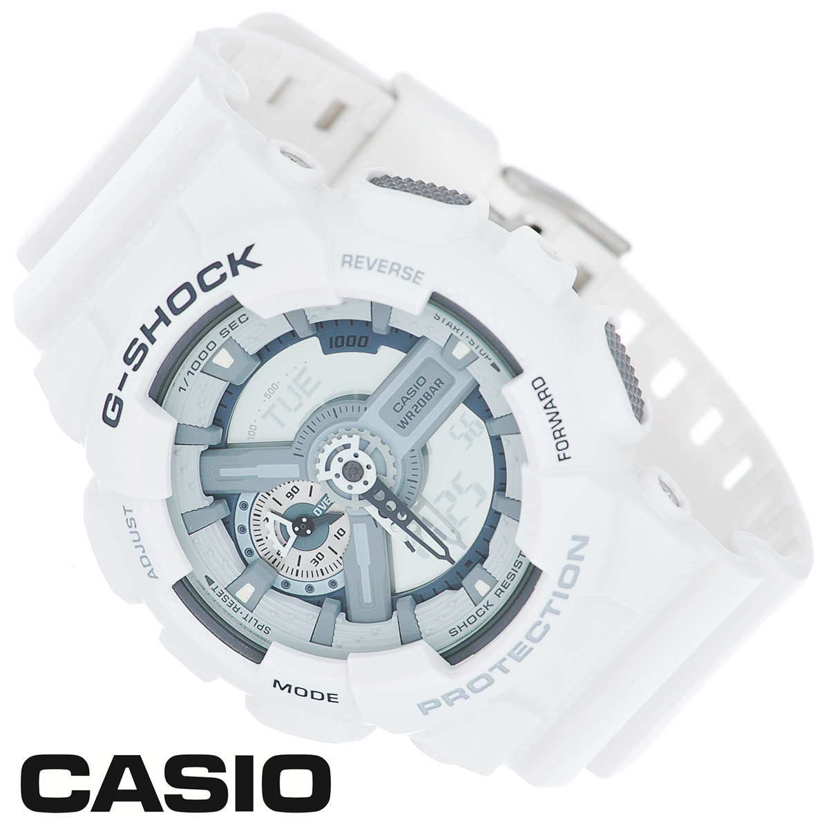 Часы мужские наручные Casio G-Shock, цвет: белый. GA-110C-7AGA-110C-7A Часы мужские наручные Casio G-Shock, цвет: белый. GA-110C-7AGA-110C-7AСтильные часы G-Shock от японского брэнда Casio - это яркий функциональный аксессуар для современных людей, которые стремятся выделиться из толпы и подчеркнуть свою индивидуальность. Часы выполнены в спортивном стиле. Корпус имеет ударопрочную конструкцию, защищающую механизм от ударов и вибрации. Циферблат подсвечивается светодиодной автоматической подсветкой. Функция автоподсветки освещает циферблат при повороте часов к лицу. Ремешок из мягкого пластика имеет классическую застежку. Основные функции: - 5 будильников, один с функцией Snooze, ежечасный сигнал; - автоматический календарь (число, месяц, день недели, год); - сплит-хронограф; - защита от магнитных полей; - секундомер с точностью показаний 1/1000 с, время измерения 100 часов; - 12-ти и 24-х часовой формат времени; - таймер обратного отсчета от 1 мин до 24 ч с автоповтором; - мировое время. Часы...