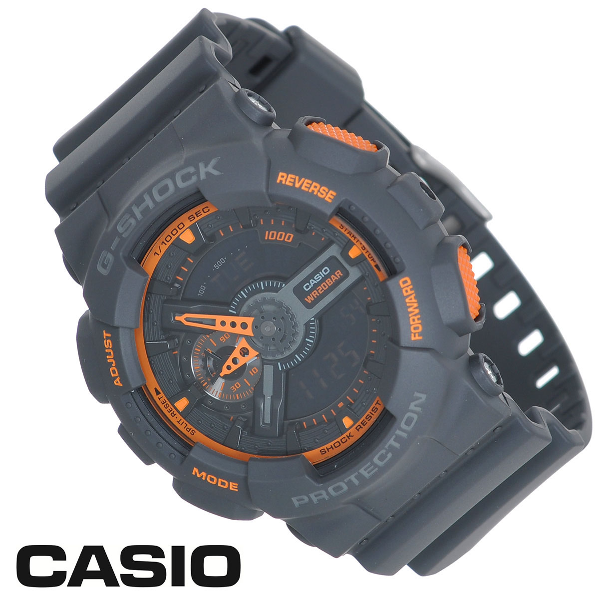 Часы мужские наручные Casio G-Shock, цвет: темно-серый, оранжевый. GA-110TS-1A4GA-110TS-1A4 Часы мужские наручные Casio G-Shock, цвет: темно-серый, оранжевый. GA-110TS-1A4GA-110TS-1A4Стильные часы G-Shock от японского брэнда Casio - это яркий функциональный аксессуар для современных людей, которые стремятся выделиться из толпы и подчеркнуть свою индивидуальность. Часы выполнены в спортивном стиле. Корпус имеет ударопрочную конструкцию, защищающую механизм от ударов и вибрации. Циферблат подсвечивается светодиодом, функция автоподсветки освещает циферблат при повороте часов к лицу. Ремешок из мягкого пластика имеет классическую застежку. Основные функции: - 5 будильников, один с функцией повтора сигнала (чтобы отложить пробуждение), ежечасный сигнал; - автоматический календарь (число, месяц, день недели, год); - секундомер с точностью показаний 1/1000 с, время измерения 100 часов; - 12-ти и 24-х часовой формат времени; - таймер обратного отсчета от 1 мин до 24 ч с автоповтором; - измерение скорости и расстояния; - мировое время; - сплит-хронограф; ...