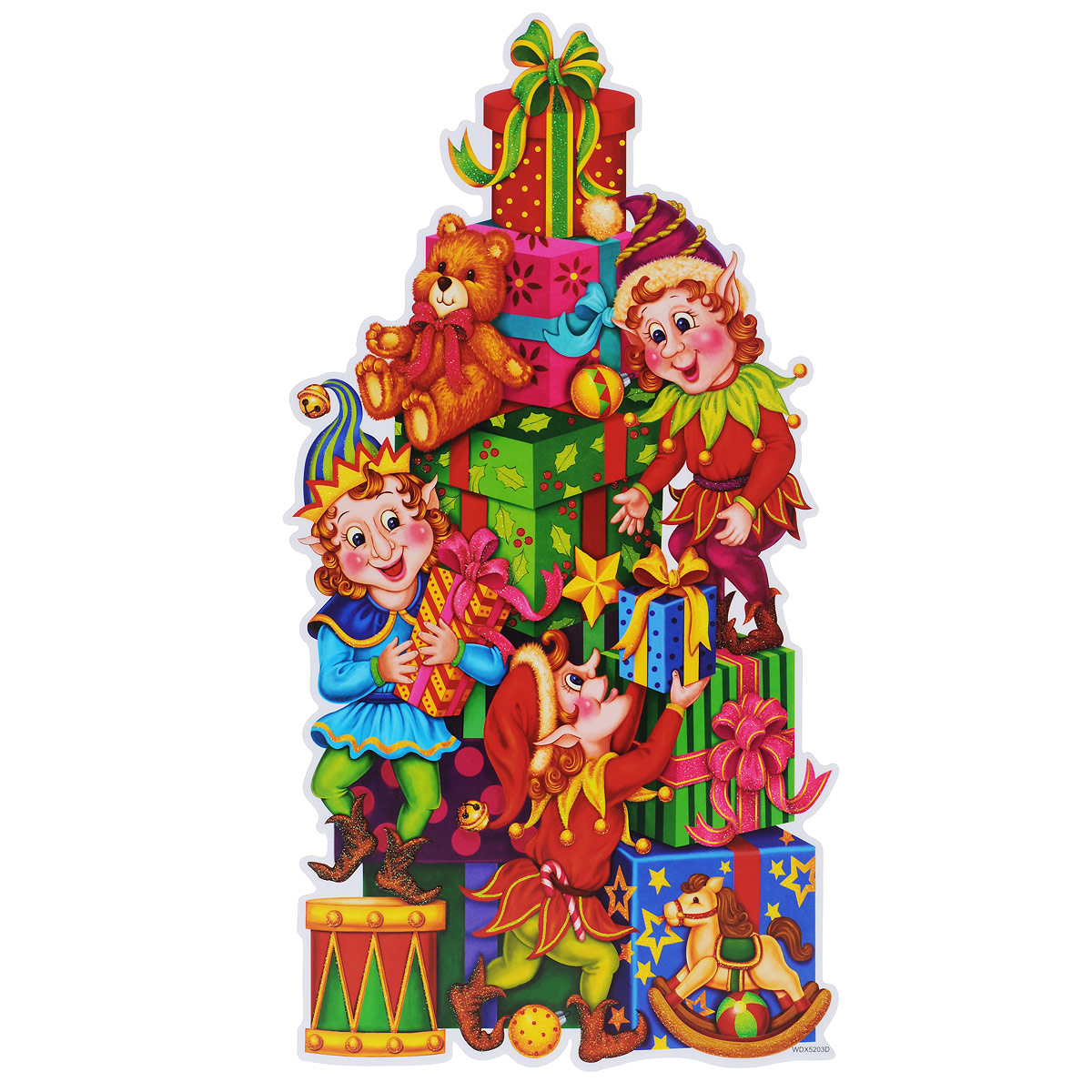 Новогоднее оконное украшение Room Decoration Эльфы с подарками, 42 см х 24 смWDX5203D Новогоднее оконное украшение Room Decoration Эльфы с подарками, 42 см х 24 смWDX5203DНовогоднее оконное украшение Room Decoration Эльфы с подарками поможет украсить дом к предстоящим праздникам. На одном листе расположены одна наклейка в виде изображения забавных эльфов с подарками. Яркие изображения нанесены на прозрачную виниловую пленку и крепятся к гладкой поверхности стекла посредством статического эффекта. Наклейки декорированы блестками. Наклейки не содержат клея, не оставляют следов и идеальны для многоразового использования. Также имеется инструкция на русском языке. Новогодние украшения всегда несут в себе волшебство и красоту праздника. Создайте в своем доме атмосферу тепла, веселья и радости, украшая его всей семьей. Материал: виниловая пленка. Размер листа: 42 см х 24 см. Размер наклейки: 41,5 см х 22,5 см.