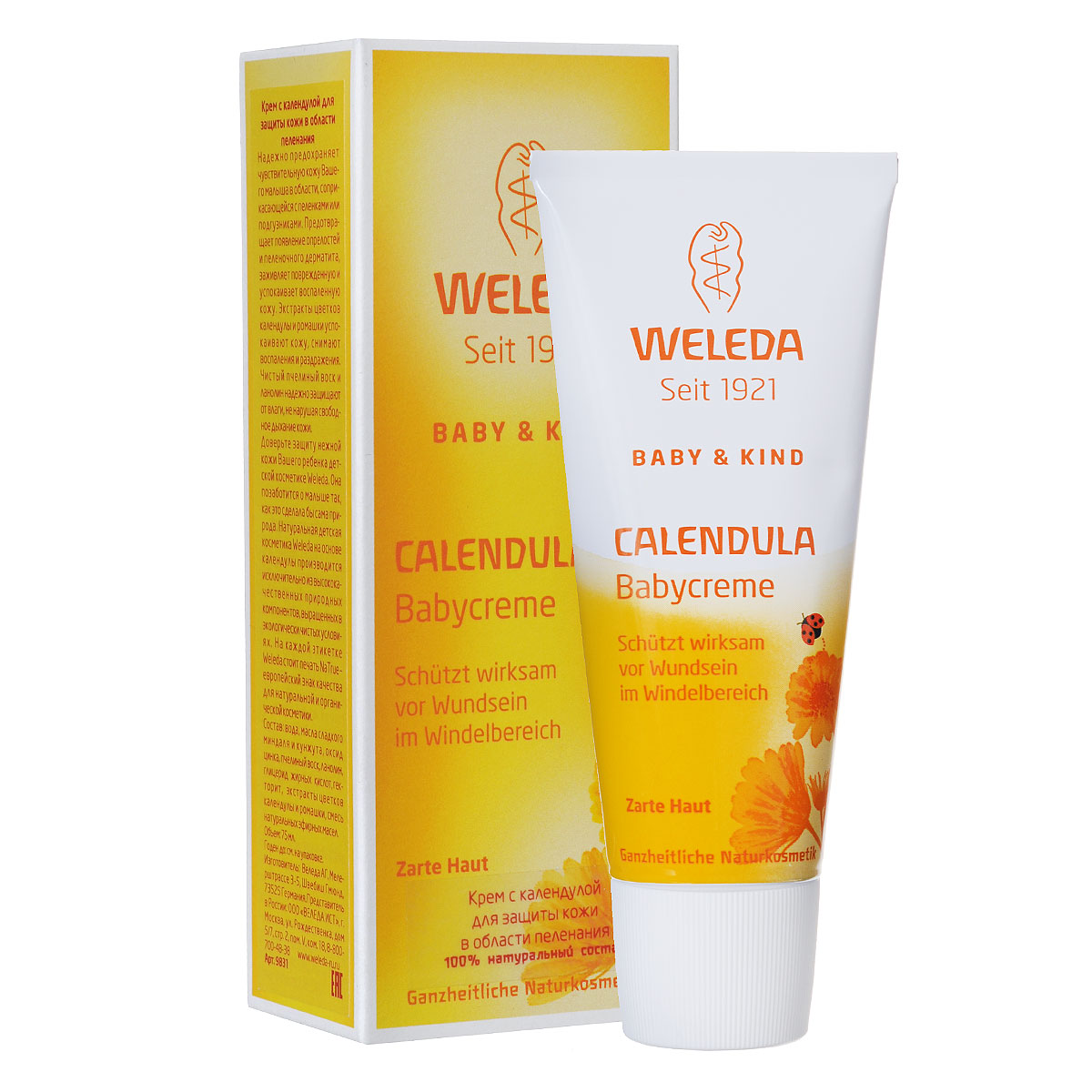 Weleda Крем для защиты кожи в области пеленания Baby & Kind, с календулой, 75 мл9831 Weleda Крем для защиты кожи в области пеленания Baby & Kind, с календулой, 75 мл9831Если у вашего малыша воспаленная, покрасневшая или чувствительная кожа в области пеленания, Крем с календулой для младенцев образует на коже защитный и водоотталкивающий слой и способствует снятию раздражения и воспаления. Ингредиенты Крема Weleda с календулой, такие как ланолин (натуральный жир шерсти овцы), воск и особенно оксид цинка формируют естественный защитный слой для нежной кожи вашего малыша от влаги, которая является раздражающим фактором для его кожи. Экстракты календулы и ромашки успокаивающее действуют на кожу. Календула обладает лечебным эффектом, а ромашка снимает воспаление и успокаивает кожу. После нанесения на кожу крема, подержите ребенка без подгузника, давая коже возможность контакта с воздухом, что значительно усилит лечебный эффект крема. Результаты вы увидите уже в следующий раз, когда будете менять пеленки вашему малышу! Особенно рекомендуем для малышей с воспаленной или чувствительной кожей в области пеленания. Товар...