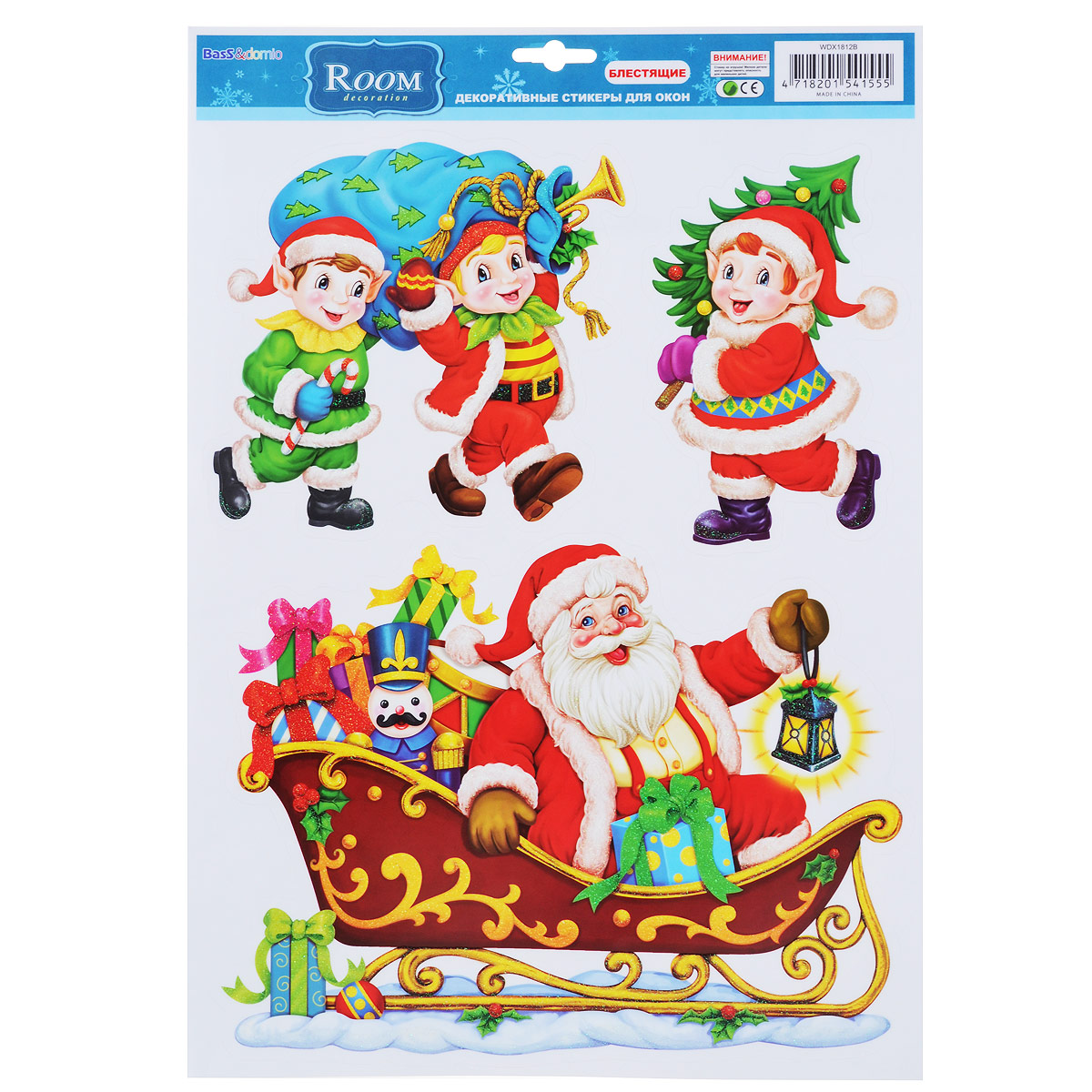 Новогоднее оконное украшение Room Decoration Дедушка Мороз и эльфы, 41 см х 29 смWDX1812B Новогоднее оконное украшение Room Decoration Дедушка Мороз и эльфы, 41 см х 29 смWDX1812BНовогоднее оконное украшение Room Decoration Дедушка Мороз и эльфы поможет украсить дом к предстоящим праздникам. На одном листе расположены 3 наклейки с изображением Дедушки Мороза и эльфов. Яркие изображения нанесены на прозрачную виниловую пленку и крепятся к гладкой поверхности стекла посредством статического эффекта. Наклейки украшены блестками. Наклейки не содержат клея, не оставляют следов и идеальны для многоразового использования. Новогодние украшения всегда несут в себе волшебство и красоту праздника. Создайте в своем доме атмосферу тепла, веселья и радости, украшая его всей семьей. Материал: виниловая пленка. Размер листа: 41 см х 29 см. Размер наибольшей наклейки: 27 см х 20,5 см. Размер наименьшей наклейки: 16 см х 10,5 см.
