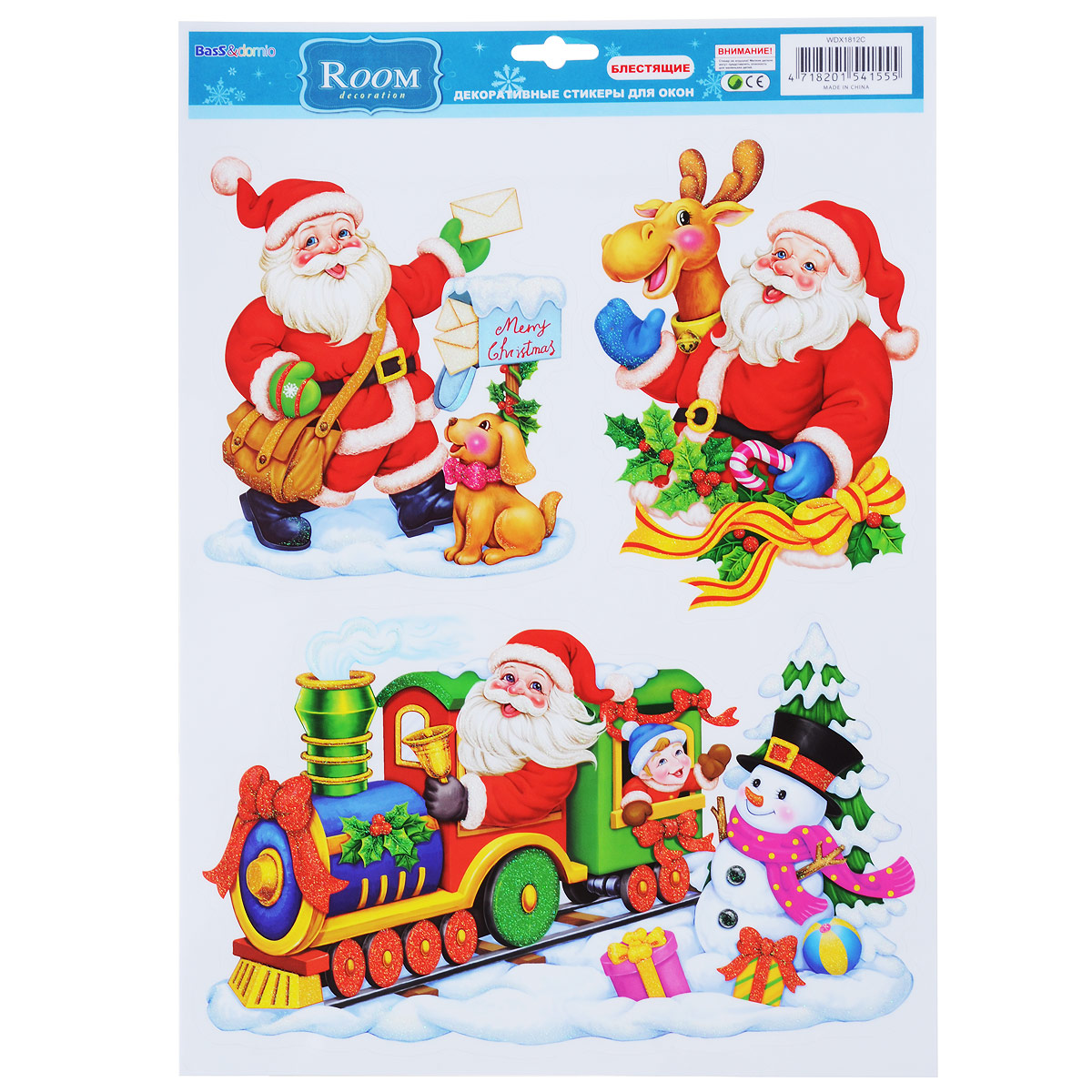 Новогоднее оконное украшение Room Decoration Дедушка Мороз, 41 х 29 смWDX1812C Новогоднее оконное украшение Room Decoration Дедушка Мороз, 41 х 29 смWDX1812CНовогоднее оконное украшение Room Decoration Дедушка Мороз поможет украсить дом к предстоящим праздникам. На одном листе расположены 3 наклейки с изображением Дедушки Мороза. Яркие изображения нанесены на прозрачную виниловую пленку и крепятся к гладкой поверхности стекла посредством статического эффекта. Наклейки украшены блестками. Наклейки не содержат клея, не оставляют следов и идеальны для многоразового использования. Новогодние украшения всегда несут в себе волшебство и красоту праздника. Создайте в своем доме атмосферу тепла, веселья и радости, украшая его всей семьей. Материал: виниловая пленка. Размер листа: 41 см х 29 см. Размер наибольшей наклейки: 28,5 см х 17,5 см. Размер наименьшей наклейки: 19,5 см х 13,5 см.