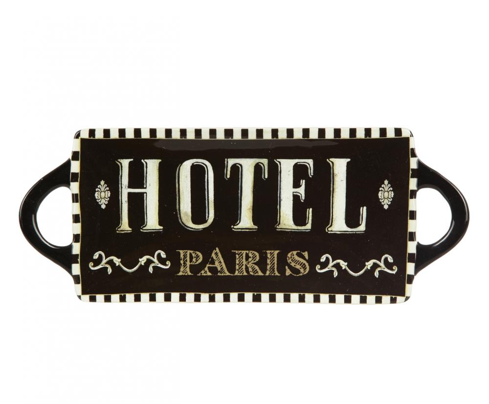 Блюдо Certified International Hotel Paris, 40 см х 16 см41316 Блюдо Certified International Hotel Paris, 40 см х 16 см41316Изящное прямоугольное блюдо Certified International Hotel Paris изготовлено из высококачественной керамики, которая отличается практичностью и высоким качеством исполнения. Изделие, украшенное надписью Hotel Paris, расписано вручную и покрыто глазурью, выполнено из экологически чистых материалов, что обеспечивает сохранение отменного вкуса блюд. Эта керамическая посуда химически инертна, не вступает в реакцию с пищей, не выделяет вредных веществ, при перегреве. Блюдо оснащено ручками. Такое блюдо прекрасно оформит праздничный стол и станет желанным подарком для любой хозяйки. Размер: 40 см х 16 см х 2,5 см.