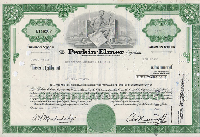 Ценная бумага The Perkin-Elmer Corporation. Сертификат на 37 акций. США, 1978 год341937 Ценная бумага The Perkin-Elmer Corporation. Сертификат на 37 акций. США, 1978 год341937Ценная бумага The Perkin-Elmer Corporation. Сертификат на 37 акций. США, 1978 год. Размер: 20.5 х 30 см. Сохранность хорошая. На листе 2 вертикальные складки.