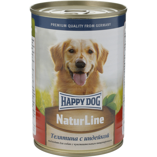 Консервы для собак Happy Dog Natur, с телятиной и индейкой, 400 г. 1588115881 Консервы для собак Happy Dog Natur, с телятиной и индейкой, 400 г. 1588115881Консервы для собак Happy Dog Natur предназначены для кормления взрослых собак всех пород. Основу рациона собаки должно составлять мясо, ведь именно мясо является источником животного белка - необходимого строительного материала всего организма. Консервы для собак Happy Dog Natur с телятиной и индейкой не содержат сою, искусственные красители и консерванты и приготовлены из ограниченного числа ингредиентов, поэтому вам не составит труда исключить из рациона вашего питомца все потенциальные аллергены. В основе консервов находится высококачественная телятина и индейка, которые придутся по вкусу каждому, даже самому разборчивому в еде животному. Телятина богата качественным белком, витаминами, минералами и содержит лишь небольшое количество холестерина, что положительно сказывается на здоровье сердечно-сосудистой системы. Среди входящих в состав телятины витаминов можно выделить витамины группы B, необходимые для нормальной работы ЦНС и протекающих в организме...