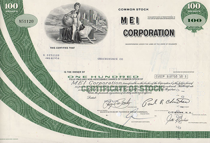 Ценная бумага Mei Corporation. Сертификат на 100 акций. США, 1978 год341937 Ценная бумага Mei Corporation. Сертификат на 100 акций. США, 1978 год341937Ценная бумага Mei Corporation. Сертификат на 100 акций. США, 1978 год. Размер: 20.5 х 30 см. Сохранность хорошая.