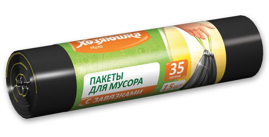 Пакеты для мусора Хозяюшка Мила, с завязками, 35 л, 15 шт07020 Пакеты для мусора Хозяюшка Мила, с завязками, 35 л, 15 шт07020Пакеты для мусора Хозяюшка Мила имеют высокую толщину и плотность материала, что позволяет применять их для выноса большого количества мусора при проведении строительных и ремонтных работ, сезонных уборок уличных территорий. Специальные прочные и удобные завязки помогут легко завязать пакет. Пакеты в рулоне, отрываются строго по линии отрыва.