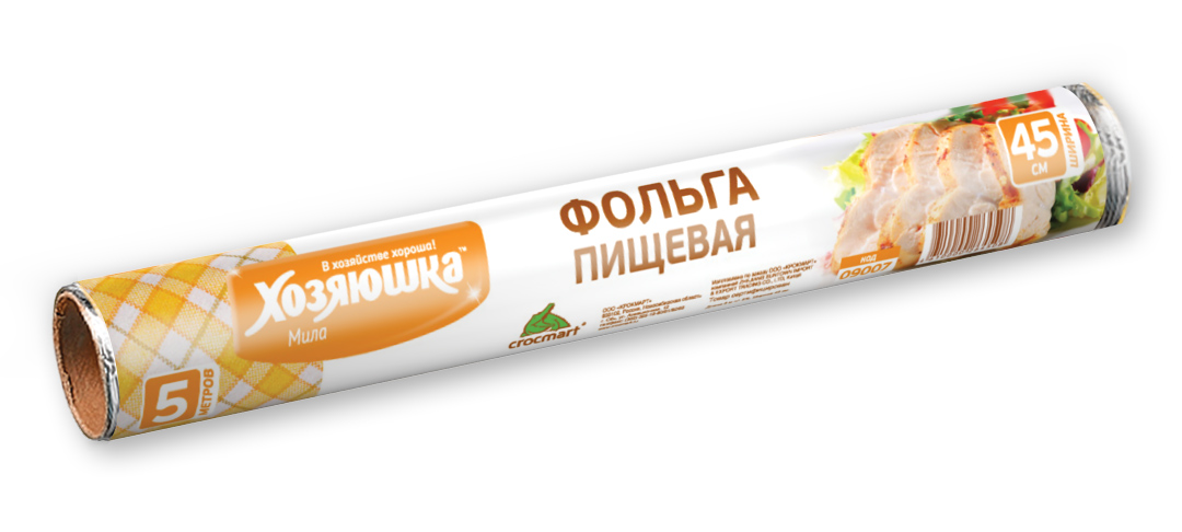 Фольга пищевая Хозяюшка Мила, 45 см х 5 м09007 Фольга пищевая Хозяюшка Мила, 45 см х 5 м09007Фольга Хозяюшка Мила, выполненная из алюминия, применяется для хранения и запекания продуктов. Прекрасно сохраняет полезные свойства продуктов, позволяет длительно хранить продукты питания. При запекании предотвращает разбрызгивание сока и жира, делает блюда сочными, аппетитными и полезными. Широкое полотно позволяет хранить и запекать крупные куски мяса и рыбы, овощей. Длина фольги: 5 м. Ширина фольги: 45 см.