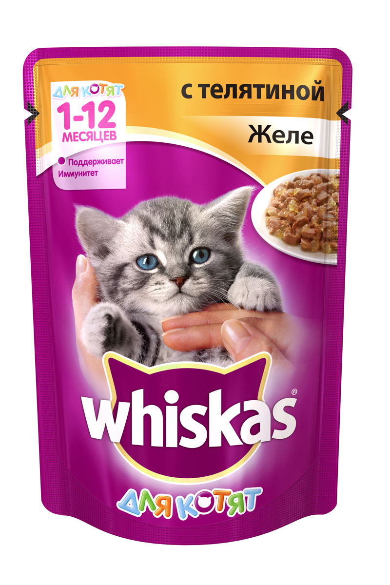 Консервы для котят Whiskas, желе с телятиной, 85 г10104 Консервы для котят Whiskas, желе с телятиной, 85 г10104В корме Whiskas для котят оптимально сбалансированы все элементы и питательные вещества, необходимые для котят в возрасте от 1 до 12 месяцев. Для долгой и активной жизни вашему маленькому любимцу необходимо правильно питаться с самых первых дней. Несмотря на то, что котенок ест понемногу, сил на игры и развлечения он тратит гораздо больше, чем взрослая кошка. Корм Whiskas для котят разработан специально с учетом особых потребностей растущего организма. Он каждый день снабжает организм котенка оптимально сбалансированными питательными веществами, необходимыми для правильного развития вашего малыша. Корм не содержит: сои, консервантов, ароматизаторов, искусственных красителей, усилителей вкуса. Состав: мясо и субпродукты (в том числе телятина минимум 4%), растительное масло, злаки, таурин, витамины, минеральные вещества, антиоксиданты. Пищевая ценность в 100 г: белки - 9 г, жиры - 6 г, клетчатка - 0,3 г, зола - не менее 2,5...