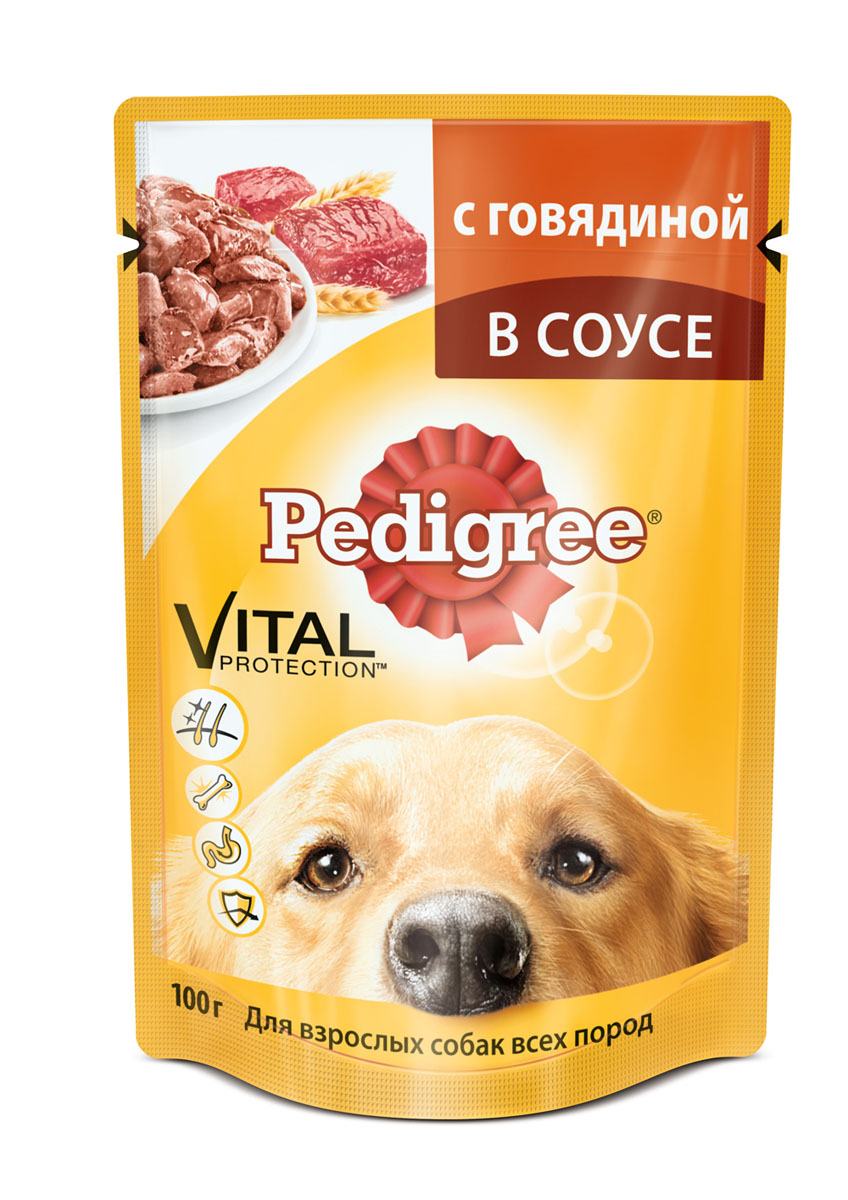 Консервы Pedigree для взрослых собак всех пород, с говядиной в соусе, 100 г10058 Консервы Pedigree для взрослых собак всех пород, с говядиной в соусе, 100 г10058Консервы Pedigree - это порция сочных мясных кусочков, которая обеспечит организм собаки витаминами и микроэлементами, необходимыми ей для здоровой и активной жизни. Корм способствует отличному пищеварению благодаря качественным высокоусвояемым ингредиентам и специально подобранной клетчатке. Здоровье кожи и шерсти поддерживает Омега-6 жирные кислоты, цинк и витамины группы В. Консервы укрепляют иммунитет и снижают негативное воздействие окружающей среды, обеспечивают комплексом антиоксидантов, в том числе витамином Е. Не содержат сои, консервантов, ароматизаторов, искусственных красителей и усилителей вкуса. Состав: мясо и субпродукты (в том числе говядина минимум 4%), злаки, жом свекольный, растительное масло, витамины, минеральные вещества. Пищевая ценность в 100 г: белки - 7 г, жиры - 3,5 г, зола - 2,5 г, клетчатка - 0,3 г, влага - 82 г, кальций - 0,1 г, цинк - 2 мг, витамин А - 130 МЕ, витамин Е - не менее 1 мг. Энергетическая ценность в 100 г: 70...