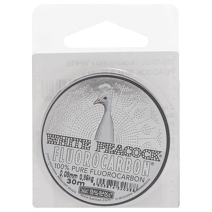 Леска Balsax White Peacock Fluorocarbon, сечение 0,08 мм, длина 30 м26762 Леска Balsax White Peacock Fluorocarbon, сечение 0,08 мм, длина 30 м26762Леска зимняя Balsax White Peacock Fluorocarbon выполнена из флюорокарбона, благодаря которому она становится абсолютно невидимой в воде. Обычные лески отражают световые лучи, поэтому рыбы их обнаруживают. Флюорокарбон имеет приближенный к воде коэффициент преломления, поэтому пропускает сквозь себя свет, не давая отражений. Рыбы не видят флюорокарбон. Многие рыболовы во всем мире используют подобные лески в качестве поводковых, благодаря чему получают более лучшие результаты. Флюорокарбон на 50% тяжелее обычных лесок и на 78% тяжелее воды. Понятно, почему этот материал используется для рыболовных лесок, он тонет очень быстро. Флюорокарбон не впитывает воду даже через 100 часов нахождения в ней. Обычные лески впитывают до 10% воды в течение 24 часов, что приводит к потере 5 - 10% прочности. Флюорокарбон не теряет прочности. Сопротивляемость флюорокарбона к истиранию значительно больше, чем у обычных лесок. Он выдерживает температуры от -40°C...