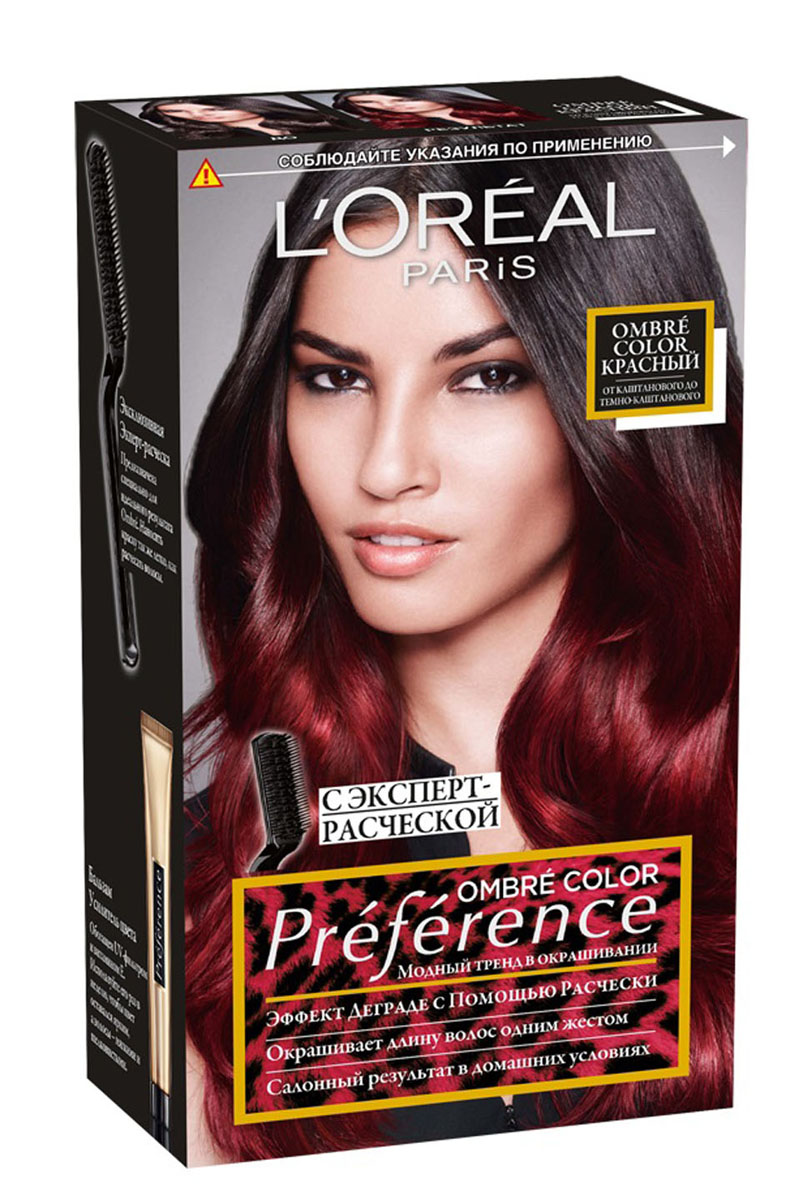 LOreal Paris Стойкая краска для волос Preference Color Ombres, оттенок 6.66, КрасныйA7583801 LOreal Paris Стойкая краска для волос Preference Color Ombres, оттенок 6.66, КрасныйA7583801Краска для волос из серии Преферанс Color Ombres поможет обрести столь популярный и желанный эффект Ombres в цвете Ваших волос. Салонное окрашивание с эффектом Ombres впервые стало возможным в домашних условиях. Для этого требуется нанести специальный осветляющий крем на кончики волос, оставив его на 25 минут. Чтобы обеспечить идеальное нанесение красящего крема в комплекте представлена профессиональная эксперт-расческа. С ее помощью Вы добьетесь нужного результата. Нежный красящий крем и ухаживающий шампунь с питательной формулой позволят провести окраску без вреда для волос. В состав упаковки водит: тюбик с крем-краской (48 мл), флакон-аппликатор с проявляющим кремом (72 мл), бальзам Усилитель цвета (54 мл), инструкция, пара перчаток, эксперт-расческа.