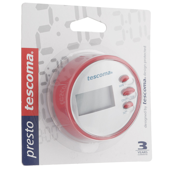 Таймер цифровой Tescoma Presto, цвет: розовый636076 Таймер цифровой Tescoma Presto, цвет: розовый636076Цифровой таймер Tescoma Presto, оснащенный прочным корпусом из высококачественного пластика, станет вашим надежным помощником на кухне. Оригинальный дизайн таймера украсит интерьер любой современной кухни. Таймер напомнит вам про молоко, пельмени или пирог. Он громко зазвенит, когда блюдо будет готово, поэтому вы можете себе позволить отвлечься на любимый фильм, не опасаясь, что у вас что-то подгорит или переварится. Таймер снабжен цифровым дисплеем, что делает его простым в обращении. Таймер Tescoma Presto оснащен магнитом, его без труда можно прикрепить в удобное для вас место на кухне. Максимальное время, на которое вы можете поставить таймер, составляет 99 минут 59 секунд. Диаметр таймера: 6,5 см. Работает от одной батарейки ААА, которая входит в комплект.