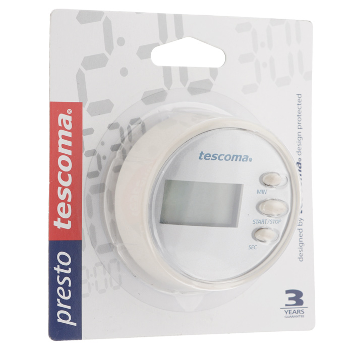 Таймер цифровой Tescoma Presto, цвет: белый636076 Таймер цифровой Tescoma Presto, цвет: белый636076Цифровой таймер Tescoma Presto, оснащенный прочным корпусом из высококачественного пластика, станет вашим надежным помощником на кухне. Оригинальный дизайн таймера украсит интерьер любой современной кухни. Таймер напомнит вам про молоко, пельмени или пирог. Он громко зазвенит, когда блюдо будет готово, поэтому вы можете себе позволить отвлечься на любимый фильм, не опасаясь, что у вас что-то подгорит или переварится. Таймер снабжен цифровым дисплеем, что делает его простым в обращении. Таймер Tescoma Presto оснащен магнитом, его без труда можно прикрепить в удобное для вас место на кухне. Максимальное время, на которое вы можете поставить таймер, составляет 99 минут 59 секунд. Диаметр таймера: 6,5 см. Работает от одной батарейки ААА, которая входит в комплект.