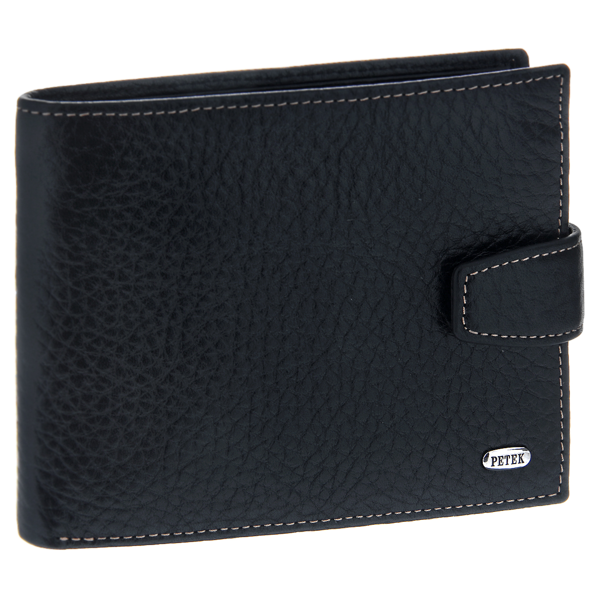 Портмоне мужское Petek, цвет: черный. 198.46B.KD1198.46B.KD1 Black Портмоне мужское Petek, цвет: черный. 198.46B.KD1198.46B.KD1 BlackСтильное мужское портмоне Petek выполнено из натуральной высококачественной кожи черного цвета и декорировано фактурным тиснением, а также прострочкой бежевого цвета. На лицевой стороне изделие дополнено небольшой металлической пластиной с гравировкой Petek, на внутренней стороне - тиснением в виде названия бренда. Портмоне закрывается хлястиком на застежку-кнопку. Внутри - одно отделение для купюр, один врезной карман на молнии, карман для мелочи на замке-кнопке, три прорези для визиток и кредитных карт, а также два пластиковых прозрачных кармана. Портмоне упаковано в фирменную коробку. Сдержанность и продуманный дизайн портмоне не оставят равнодушным ни одного мужчину.