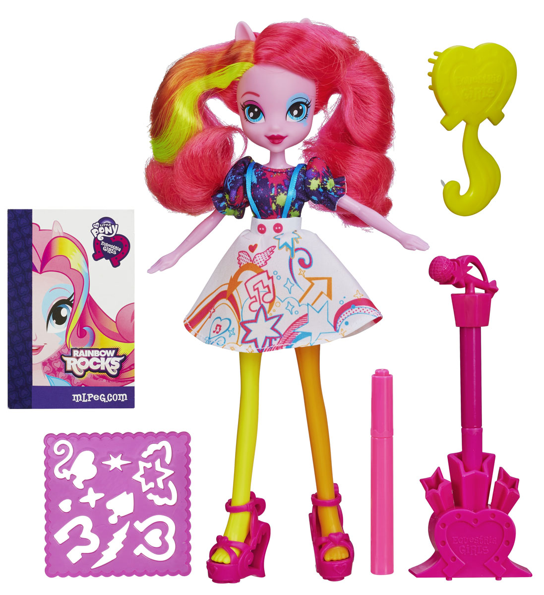 My Little Pony Кукла Пинки ПайB0688_A3995_Solid My Little Pony Кукла Пинки ПайB0688_A3995_SolidВосхитительная кукла My Little Pony Пинки Пай из мультфильма Equestria Girls непременно понравится вашей маленькой поклоннице My Little Pony. Куколка с длинными розовыми волосами с цветными прядками выглядит как настоящая рок-звезда. Она одета в яркое стильное платье, на ногах - розовые босоножки на высоком каблуке. Голова, руки и ноги куколки подвижны, что позволит придавать ей различные позы. В комплект также входят расческа, два фломастера, подставка под один из фломастеров с насадкой в виде микрофона и пластиковый трафарет для создания различных рисунков. Малышка сможет раскрасить платье Диджей Пони-3 по своему вкусу. Порадуйте своего ребенка таким замечательным подарком!