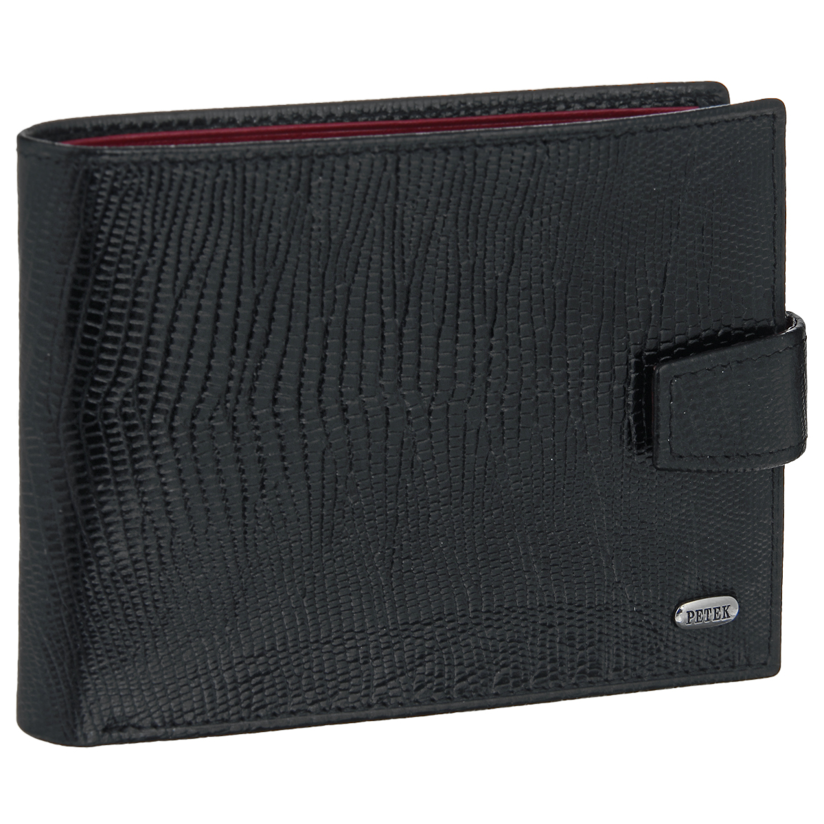 Портмоне мужское Petek, цвет: черный, красный. 102.041.A31102.041.A31 Black-Red Портмоне мужское Petek, цвет: черный, красный. 102.041.A31102.041.A31 Black-RedЭлегантное мужское портмоне Petek выполнено из натуральной высококачественной кожи черного цвета и декорировано тиснением под кожу рептилии. На лицевой стороне изделие дополнено небольшой металлической пластиной с гравировкой Petek, на внутренней стороне - тиснением в виде названия бренда. Портмоне закрывается хлястиком на застежку-кнопку. Внутри - два отделения для купюр, боковой карман для мелких бумаг и чеков, один кармашек с клапаном на застежке-кнопке, предназначенный для мелочи, а также три прорезных кармашка для визиток и кредитных карт. Изюминка модели - внутренние отделения, исполненные из натуральной кожи и текстиля красного цвета. Портмоне упаковано в фирменную коробку. Сдержанность и продуманный дизайн портмоне не оставят равнодушным ни одного представителя сильной половины человечества.