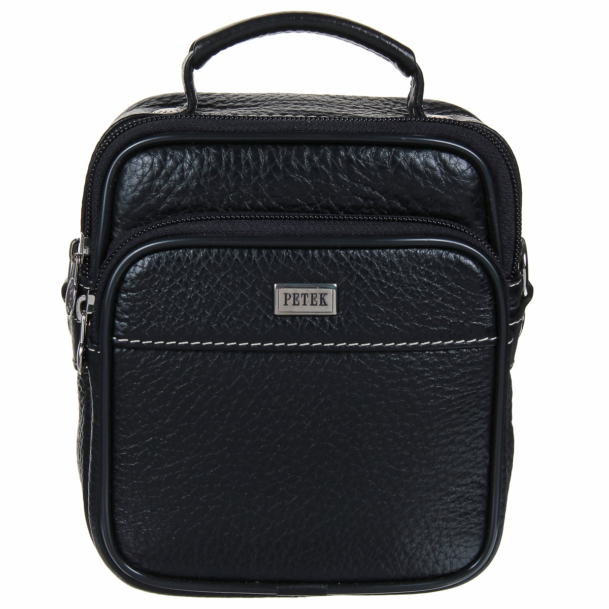 Сумка мужская Petek, цвет: черный. 3886.46B.KD13886.46B.KD1 Black Сумка мужская Petek, цвет: черный. 3886.46B.KD13886.46B.KD1 BlackМужская сумка Petek выполнена из натуральной кожи черного цвета и декорирована тиснением и прострочкой белого цвета. Лицевая сторона оформлена металлической пластиной с гравировкой в виде названия бренда. Компактное внутреннее отделение закрывается на молнию. Спереди расположен накладной карман, сзади - врезной карман, оба на застежках-молниях. Длинный съемный ремень идет в комплекте с изделием. К сумке также прилагается чехол. Сдержанность и продуманный дизайн портмоне не оставят равнодушным ни одного представителя сильной половины человечества.