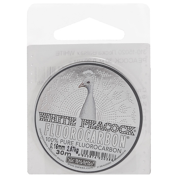 Леска Balsax White Peacock Fluorocarbon, сечение 0,16 мм, длина 30 м26766 Леска Balsax White Peacock Fluorocarbon, сечение 0,16 мм, длина 30 м26766Леска зимняя Balsax White Peacock Fluorocarbon выполнена из флюорокарбона, благодаря которому она становится абсолютно невидимой в воде. Обычные лески отражают световые лучи, поэтому рыбы их обнаруживают. Флюорокарбон имеет приближенный к воде коэффициент преломления, поэтому пропускает сквозь себя свет, не давая отражений. Рыбы не видят флюорокарбон. Многие рыболовы во всем мире используют подобные лески в качестве поводковых, благодаря чему получают более лучшие результаты. Флюорокарбон на 50% тяжелее обычных лесок и на 78% тяжелее воды. Понятно, почему этот материал используется для рыболовных лесок, он тонет очень быстро. Флюорокарбон не впитывает воду даже через 100 часов нахождения в ней. Обычные лески впитывают до 10% воды в течение 24 часов, что приводит к потере 5 - 10% прочности. Флюорокарбон не теряет прочности. Сопротивляемость флюорокарбона к истиранию значительно больше, чем у обычных лесок. Он выдерживает температуры от -40°C...