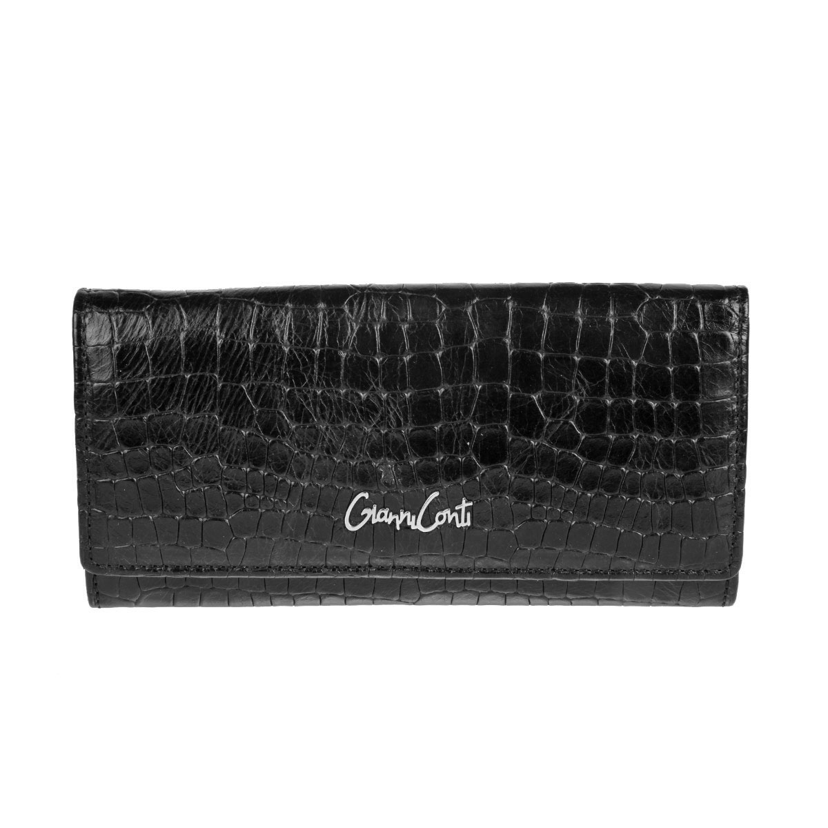Портмоне Gianni Conti, цвет: черный. 13882501388250 black Портмоне Gianni Conti, цвет: черный. 13882501388250 blackГоризонтальное портмоне Gianni Conti выполнено из высококачественной натуральной кожи с декоративным тиснением под крокодила и оформлено металлическим элементом в виде названия логотипа бренда. Портмоне закрывается клапаном на кнопку. Внутри содержит два отделения для купюр, карман для мелочи на пластиковой молнии с металлическим бегунком, два кармана для документов, сетчатый кармашек и шесть кармашков для пластиковых карт. На передней стенке под клапаном расположены еще два кармана, один из которых на молнии. Снаружи на задней стенке также два кармана, один из них на молнии. Портмоне упаковано в коробку из плотного картона с логотипом фирмы. Это классическое портмоне непременно порадует качеством исполнения и функциональностью.