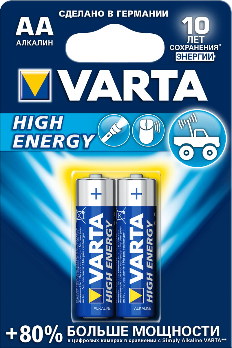 Батарейка Varta High Energy, тип AA, 1,5В, 2 шт37624 Батарейка Varta High Energy, тип AA, 1,5В, 2 шт37624Varta High Energy - это наиболее мощная батарейка из ассортимента Varta. Разработана специально для использования в устройствах с высоким и переменным энергопотреблением, таких как: игрушки, аксессуары для компьютеров, фонари или датчики движения. Single Press Out позволяет легко доставать батарейки из упаковки по 1 штуке.