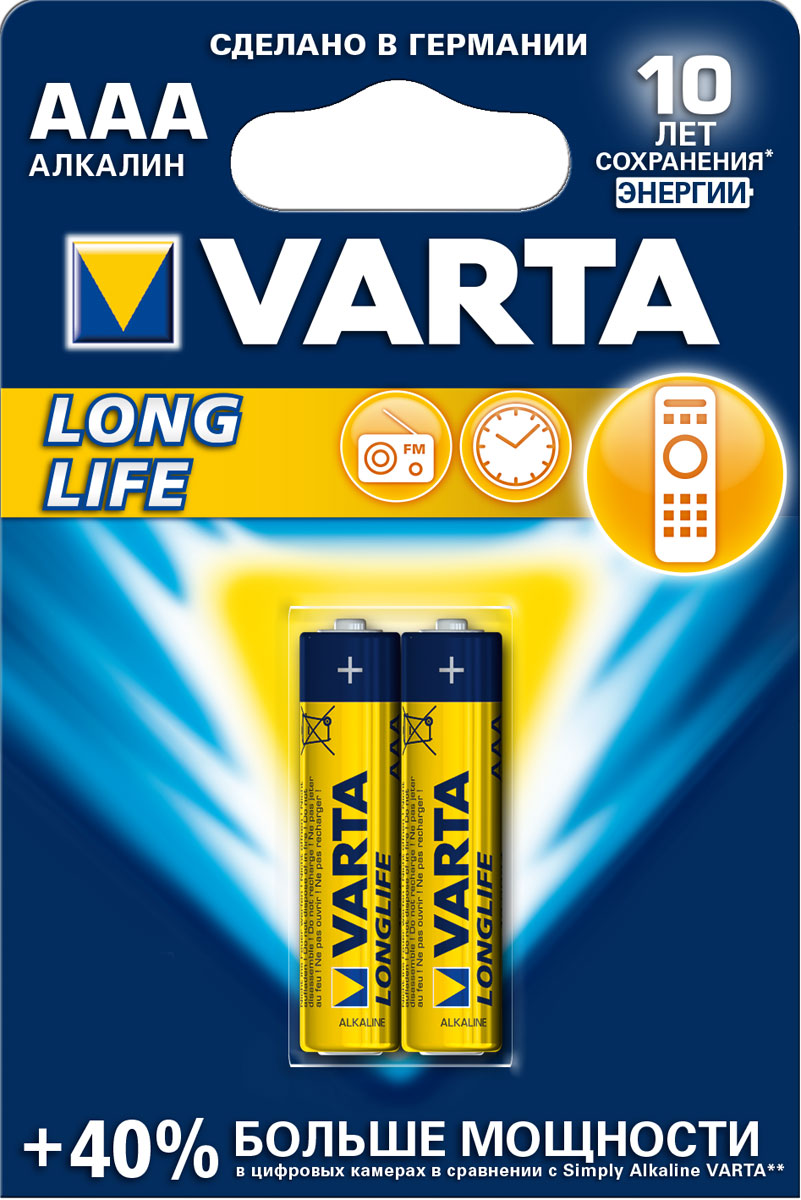Батарейка Varta Longlife, тип AAA, 1,5В, 2 шт38842 Батарейка Varta Longlife, тип AAA, 1,5В, 2 шт38842Батарейки Longlife самые долгоиграющие из ассортимента батареек Varta. Данная линейка наилучшим образом подходит для приборов с невысоким и постоянным энергопотреблением, таких как: пульт управления, настенные часы, радио, микрофоны и фонарики. Single Press Out позволяет легко доставать батарейки из упаковки по 1 штуке.