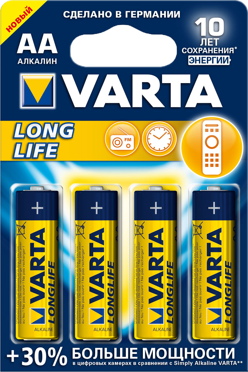 Батарейка Varta Longlife, тип AA, 1,5В, 4 шт38845 Батарейка Varta Longlife, тип AA, 1,5В, 4 шт38845Батарейки Longlife самые долгоиграющие из ассортимента батареек Varta. Данная линейка наилучшим образом подходит для приборов с невысоким и постоянным энергопотреблением, таких как: пульт управления, настенные часы, радио, микрофоны и фонарики. Single Press Out позволяет легко доставать батарейки из упаковки по 1 штуке.