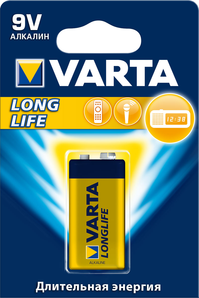 Батарейка Varta Longlife, тип крона, 9В, 1 шт37622 Батарейка Varta Longlife, тип крона, 9В, 1 шт37622Батарейки Longlife самые долгоиграющие из ассортимента батареек Varta. Данная линейка наилучшим образом подходит для приборов с невысоким и постоянным энергопотреблением, таких как: пульт управления, настенные часы, радио, микрофоны и фонарики.
