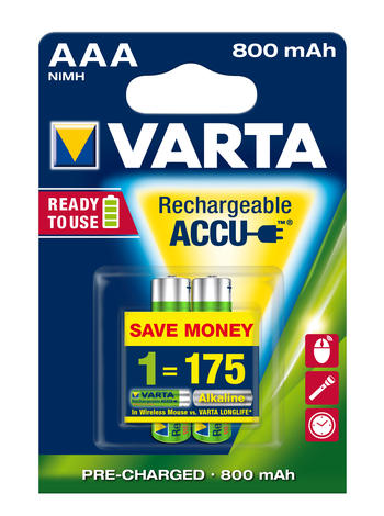 Аккумулятор Varta Ready2Use, тип ААА, 800 мАч, 2 шт38682 Аккумулятор Varta Ready2Use, тип ААА, 800 мАч, 2 шт38682Аккумуляторы Varta Ready2Use обеспечивают продолжительную работу всем стандартным устройствам. Во время хранения большая часть мощности у обыкновенных аккумуляторов сокращается, но аккумуляторы Varta с технологией Ready2Use обеспечивают сохранение мощности. Во время хранения аккумуляторы сохраняют 75% зарядки в течение года после последней зарядки. Аккумуляторы Varta Ready2Use могут использоваться со всеми стандартными зарядными устройствами.